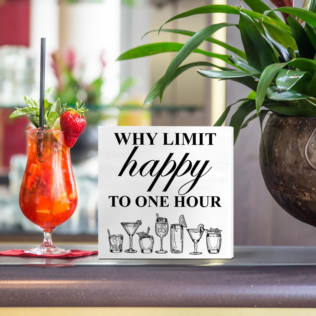 Bar Decor Wooden Box Sign, Home Kitchen Dining Room Drinking Bar Table Decor Cheers Bar Cart Cocktails Decoration, Bar Gifts for Women Men Couples, Limit Happy to One Hour, White