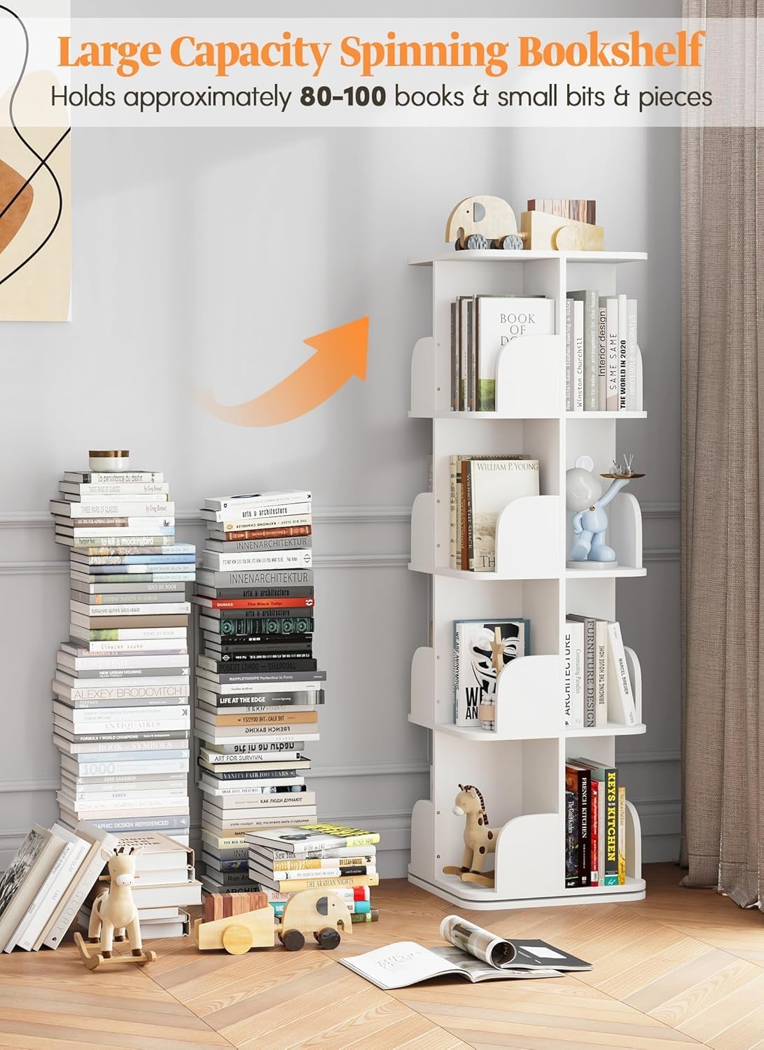 Rotating Bookshelf Tower, 4 Tier Spinning Square Bookshelf for Small Spaces, 360 Display Kids Bookshelves, Revolving Bookcase Floor Standing Storage Rack, White