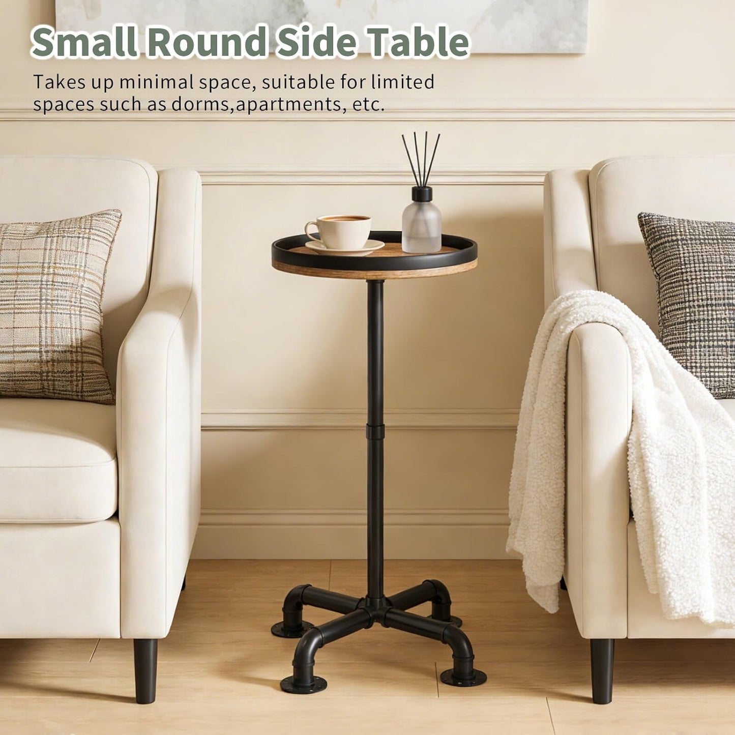 Small Round Side Table for Small Spaces, Pedestal Drink Table with Non-Slip Feet, Martini Table No-Tool Assembly for Living Room, Bedroom, Narrow Corners, Sofa, Bathroom
