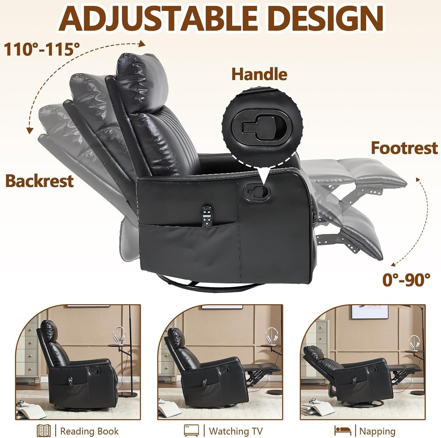 Massage Recliner Chair with Heat Adults Adjustable Footrest High Back Swivel Rocking Recliners Chairs for Small Spaces Living Room Bedroom Meeting