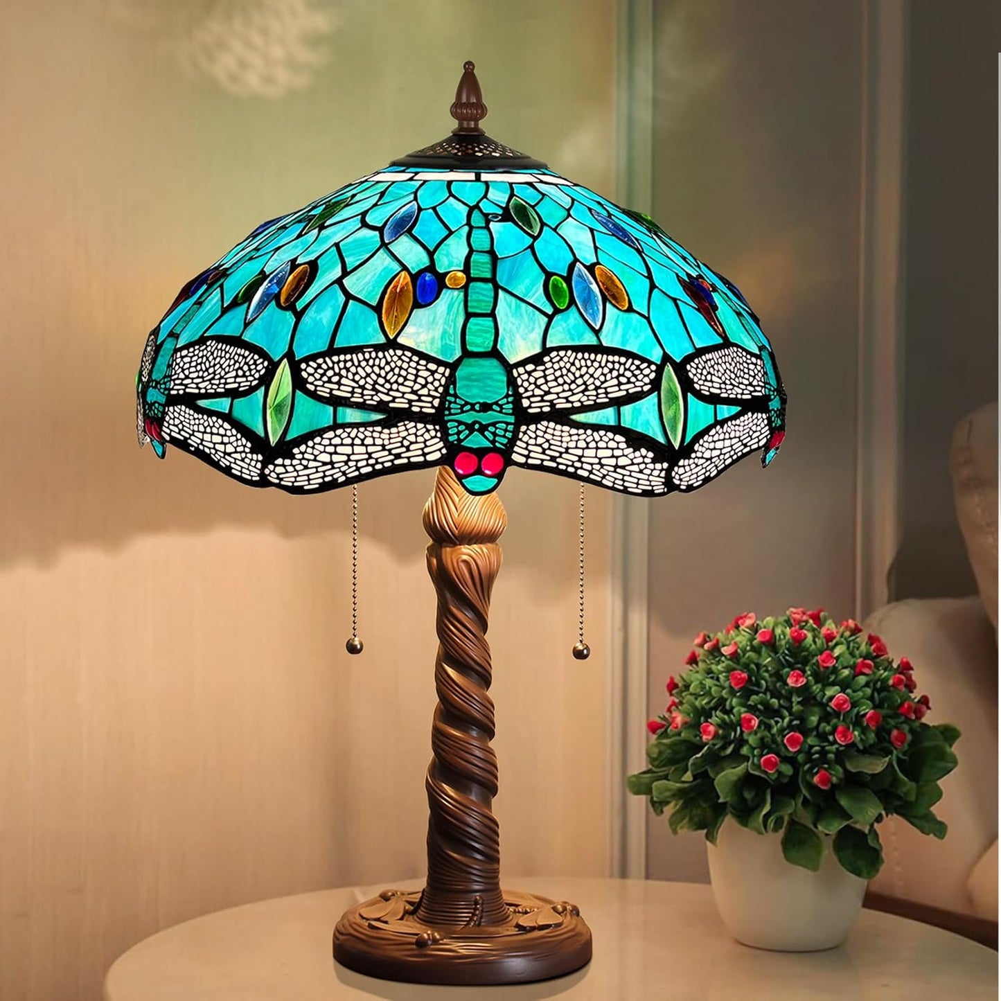 Capulina Tiffany Table Lamp, Sea Grass Dragonfly Antique Style Stained Glass Reading Desk Lamp 16x16x24 Inches for Home Office Living Room Bedrooms Study