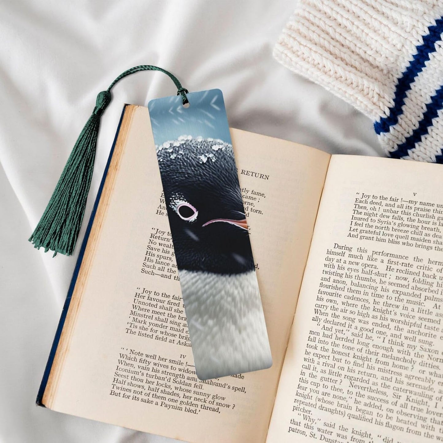 Penguin in Blizzard Bookmarks Gifts for Women Men, Wooden Bookmarks for Book Lovers, Vintage Book Marks Ornaments with Tassel, Unique Personalized Reading Page Markers Dark Green