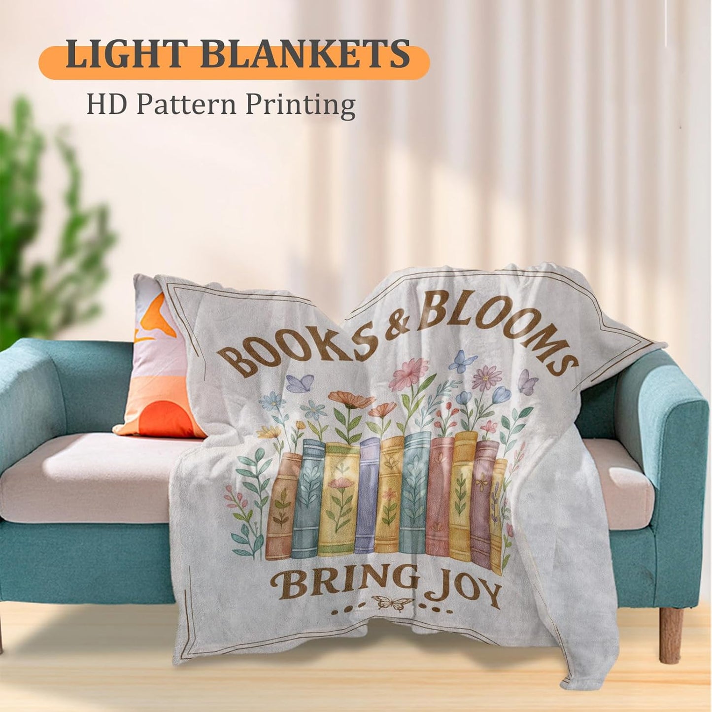 Charming Book Blanket, Floral Reading Theme 60 x 50 Inch Flannel Throw Blanket, Gifts for Women Kids, Lightweight Cozy Warm Blankets for Sofa Travel Home Decor