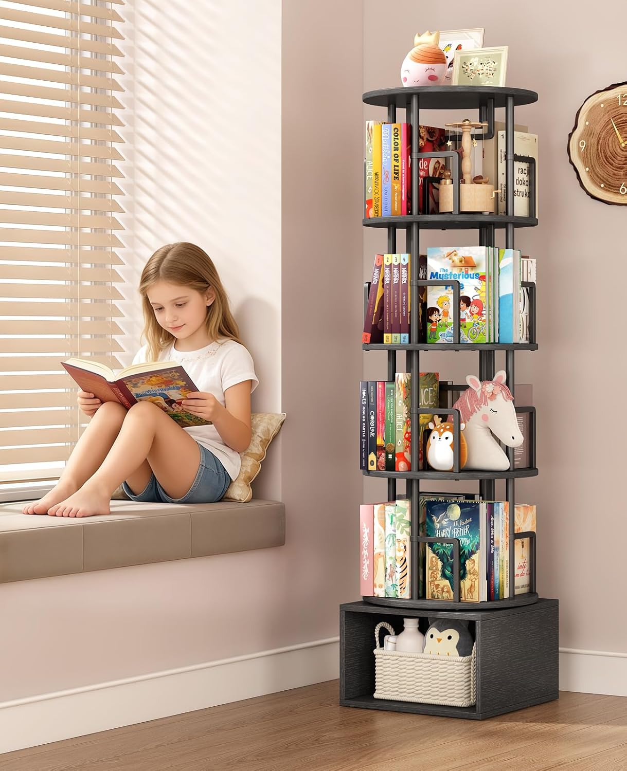 5 Tier Rotating Bookshelf with Extra Storage Cabinet, 360°Spinning Corner Bookshelf, Floor Standing Bookcase for Kids & Adult, Narrow Book Shelf for Bedroom Living Room, Pure Black