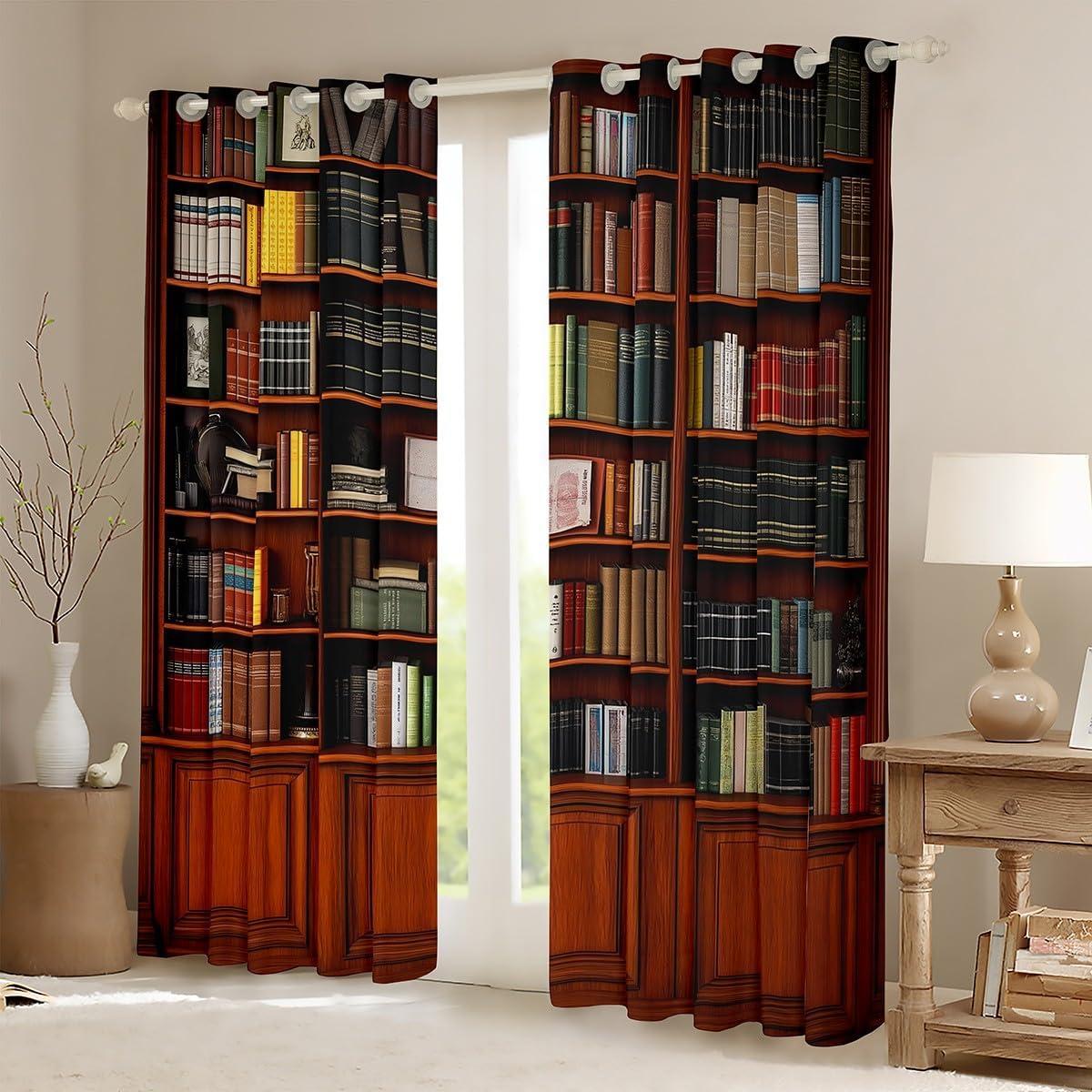 jejeloiu Library Bookcase Curtains for Bedroom Living Room Vintage Library Books Blackout Darkening Drapes Retro Bookshelf Window Treatments, 2 Panels 52 x 84 Inch Education Reading Room Decor
