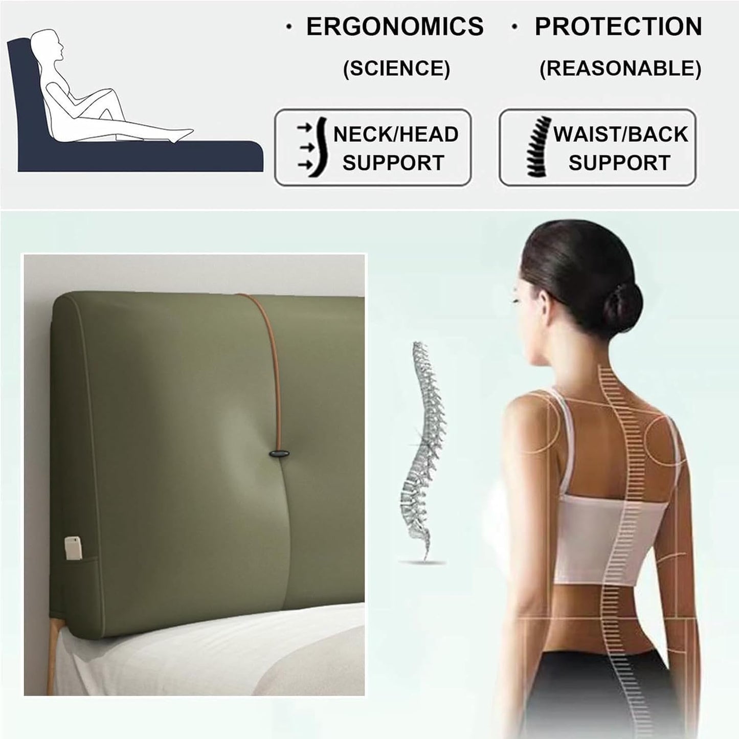 Faux Leather Headboard Pillow Support Upholstered,Lumbar Pillowboard Large Backrest Full Bedside Cushion,Sofa Bed Bunk Bed Pillow with Removable Cover,Green2,39inch/Twin