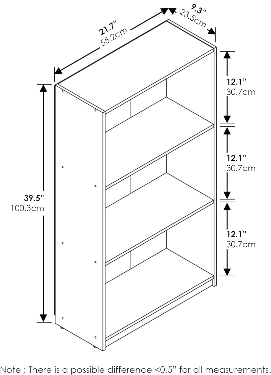 Furinno BASIC Book Shelf, 3-Tier Bookshelf with Open Shelves, Standing Bookcase, 9.3" x 21.8" x 39.5", for Organization and Storage, for Living Room, Bedroom, Home Office, French Oak