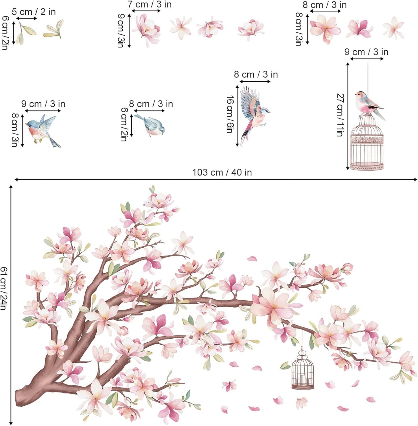 wondever Cherry Blossom Flowers Wall Stickers Pink Magnolia Floral Tree Branch Birds Peel and Stick Wall Art Decals for Living Room Bedroom TV Wall