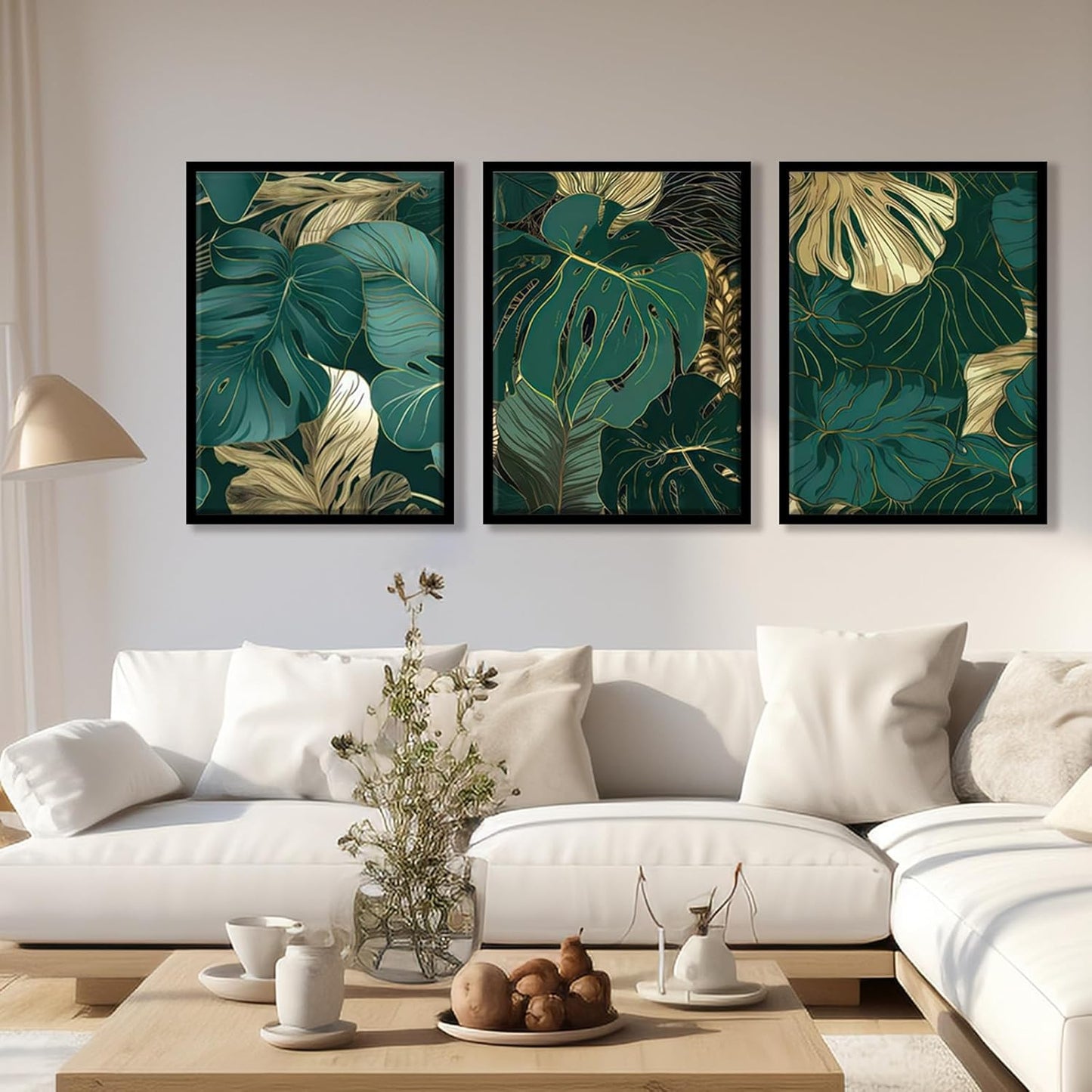 Framed Gold Green Wall Art Set of 3 Tropical Botanical Picture Emerald green Leaf Painting Prints Wall Decor with Black Frame Modern Plant Poster for Living Room Bedroom Bathroom Office 16x24Inch