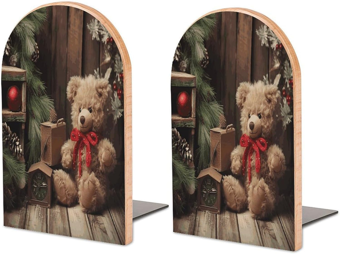 Xmas Tree Branch Bear Doll Bookend for Shelves Wooden Book End Large Size Sturdy Book Holders Stoppers with Metal Base for Bookshelves Slick Decorative Bookends Stands