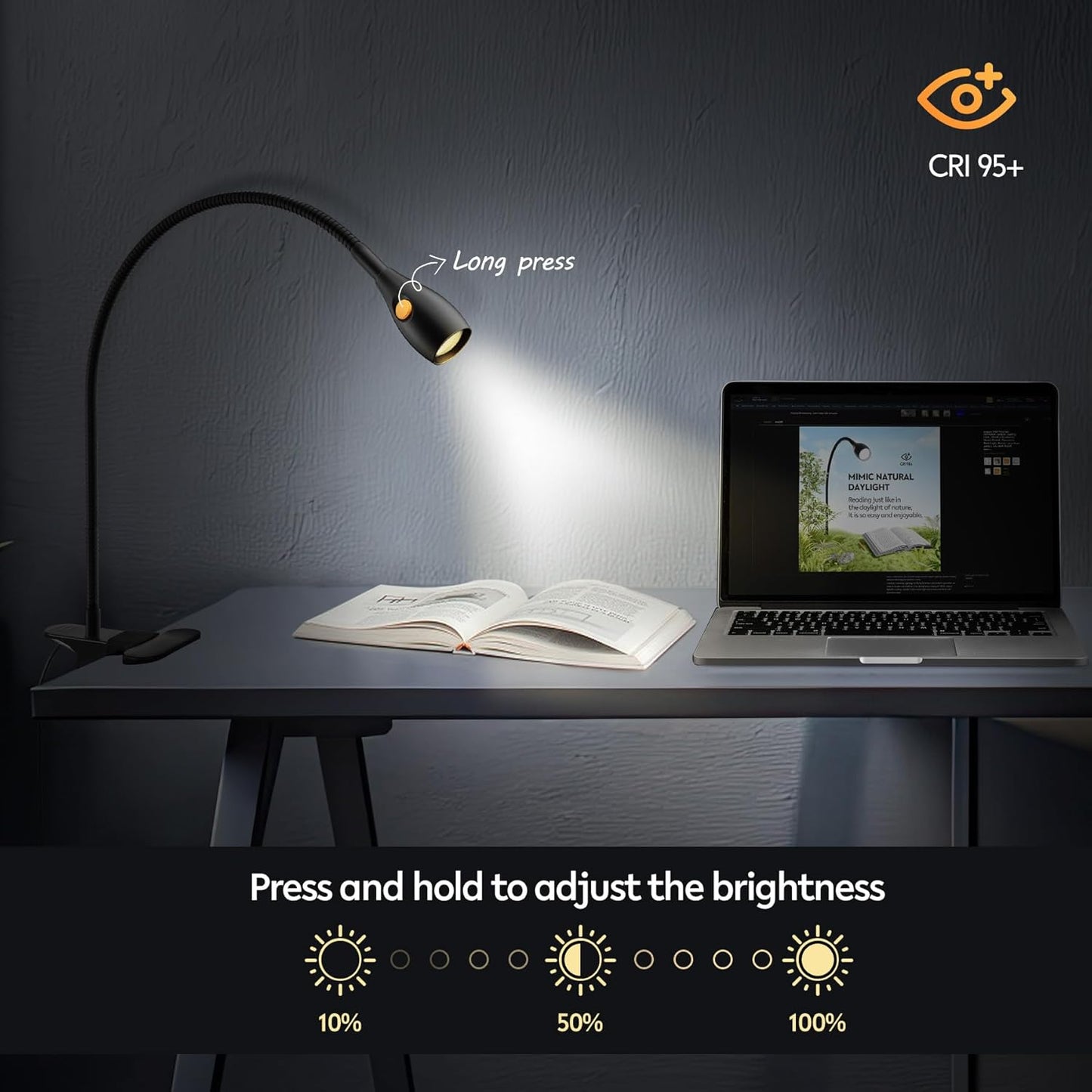 acegoo Minimalist Reading Light for Bed Headboard Dimmable Book Light Clip on Lamp with USB-C Adapter, Flexible Neck & Handy Lamp Head Switch, CRI 95+