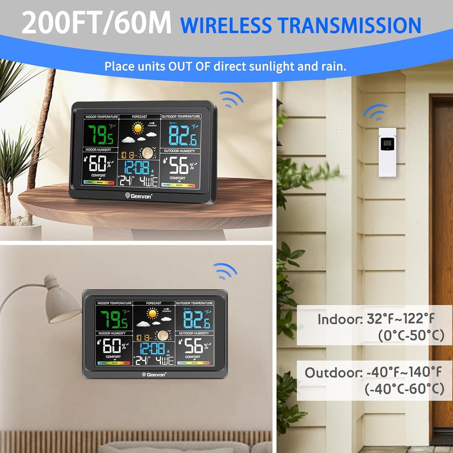 Geevon Weather Stations Wireless Indoor Outdoor Thermometer, Color VA Display Digital Weather Thermometer, Temperature Humidity Monitor with Barometer, Calendar, and Adjustable Backlight