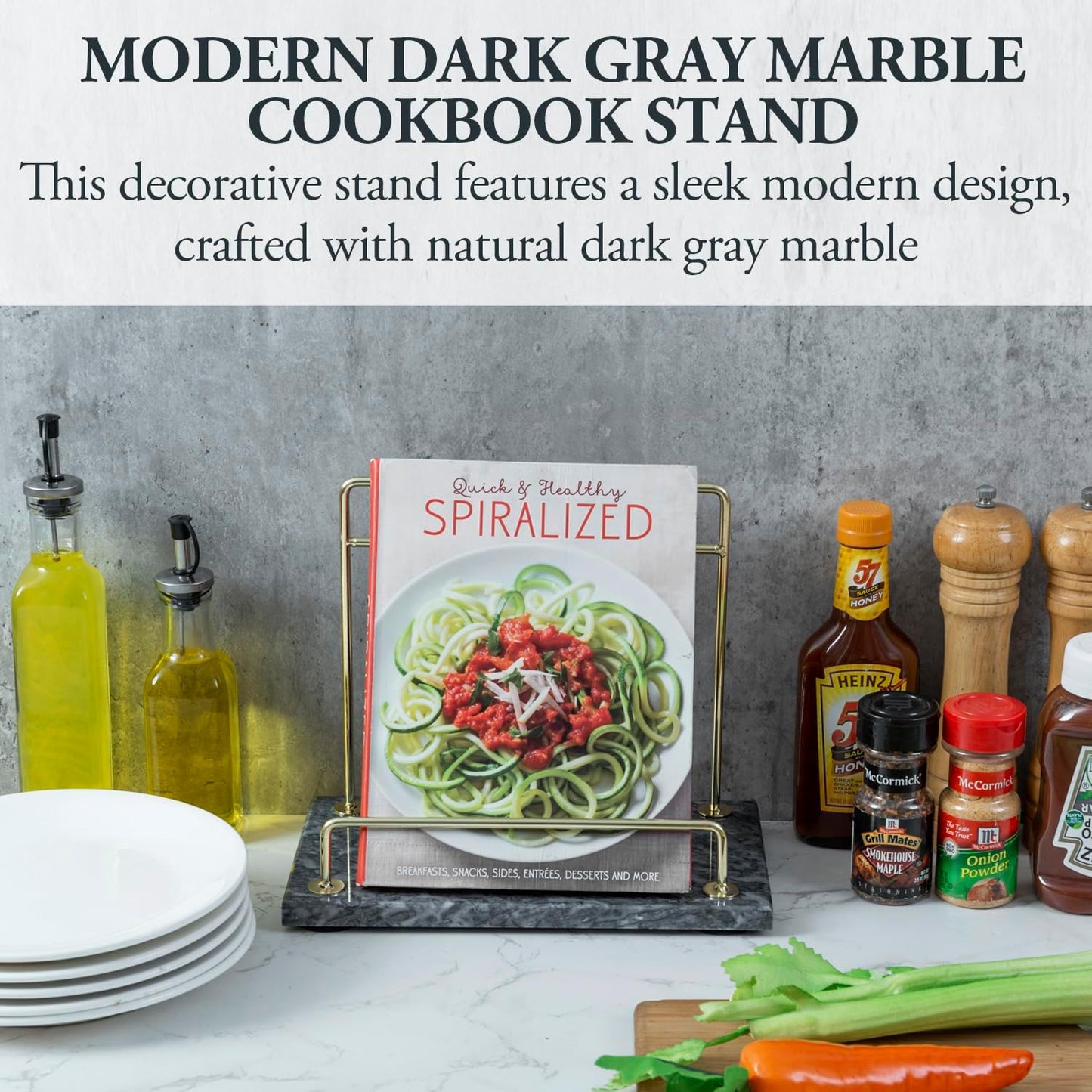 MyGift Modern Black Marble Cookbook Stand, Kitchen Countertop Recipe Holder Stand with Brass Tone Metal Rail