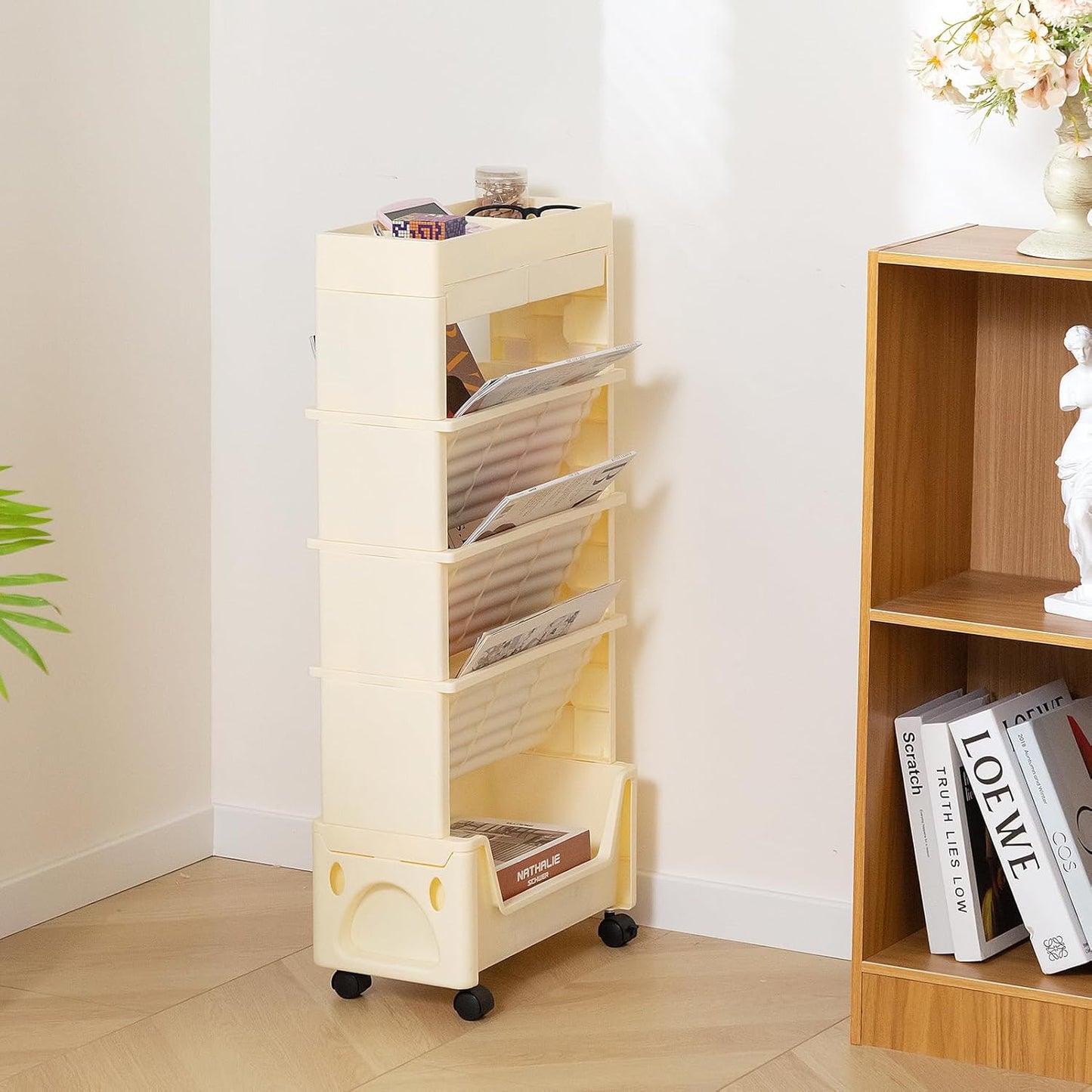 AGTEK 5 Tier Rolling Utility Cart, Book Cart with Wheels, Office Book Carts with Divided Top Shelf for Organizing Books and Supplies in Home, Office, Classroom, Beige