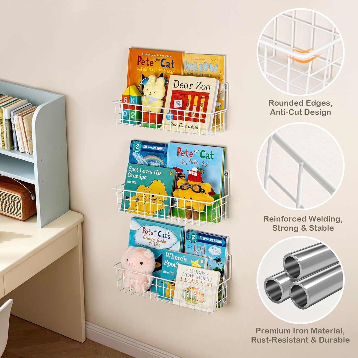 PUERSI 6-Pack Wall Mounted Bookshelf for Kids Rooms, Metal Nursery Shelves for Wall, Floating Book Shelves for Baby Boys Girls Bedroom Decor and Storage, White