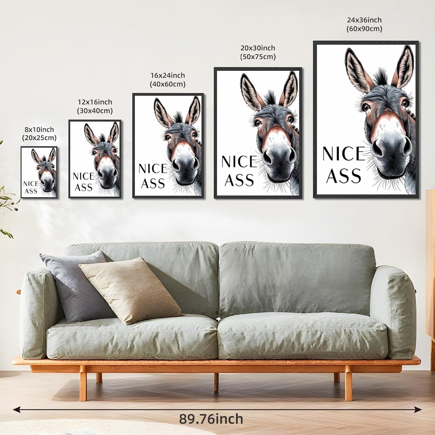 Framed Black and White Donkey Decor Bathroom Wall Art Nice Ass Funny Donkey in Bathroom Picture Poster Fun Animal Canvas Print Farmhouse Humor Wall Decor for Home Washroom Toilet 24X36inch