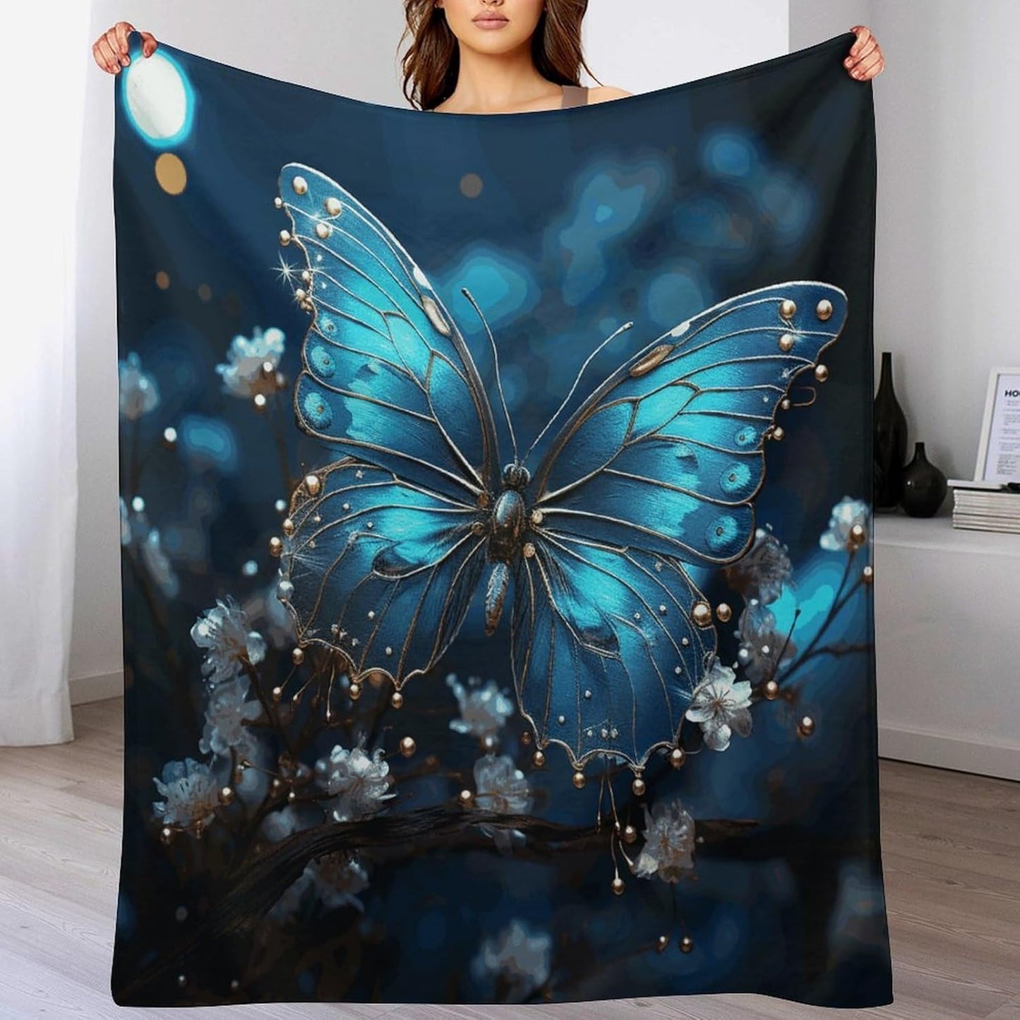 Blue Butterfly and Moon Throw Blanket for Couch Super Soft Warm Lightweight Throw Blankets Cozy Flannel Bed Blanket Cute Decorative Blankets for All Seasons Home Decor Gift 30"*40"（76 * 100cm）