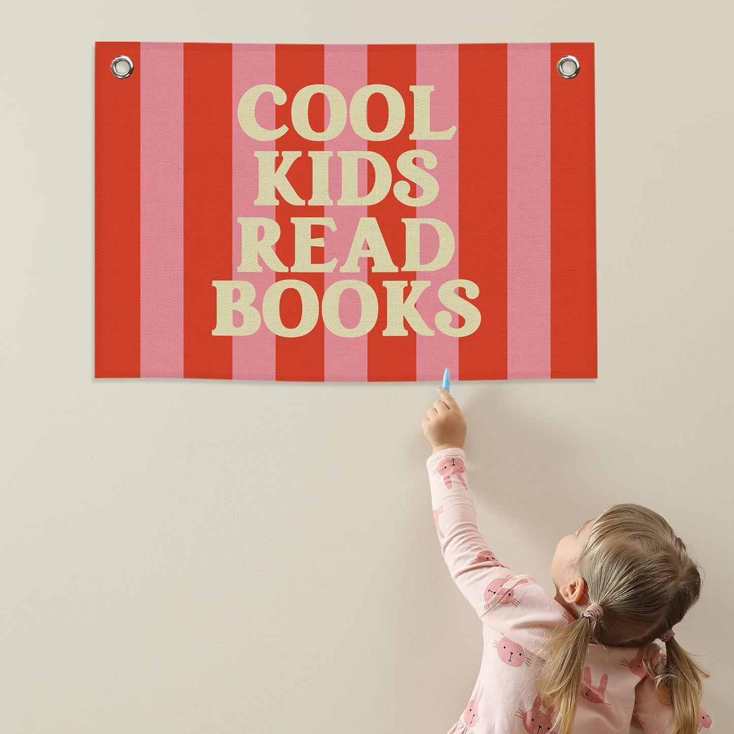 Reading Classroom Kids Banner Canvas, Cool Kids Read Books Decor,Retro Red Pink Library Hanging Flag Sign,Nursery Wall Tapestry Art for Dorm Toddler Room School Reading Corner Bedroom 20x30in