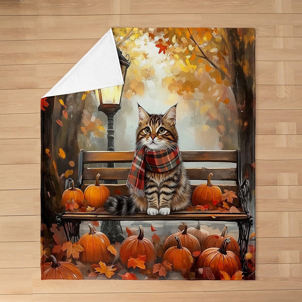 Manfei Hello Fall Flannel Blanket Cute Cat Pumpkins Maple Leaves Throw Blanket Autumn Theme Cozy Throws for Bed Couch Sofa,Kids Boys Girls Room Decor,Soft and Breathable(90 x 90 Inches)