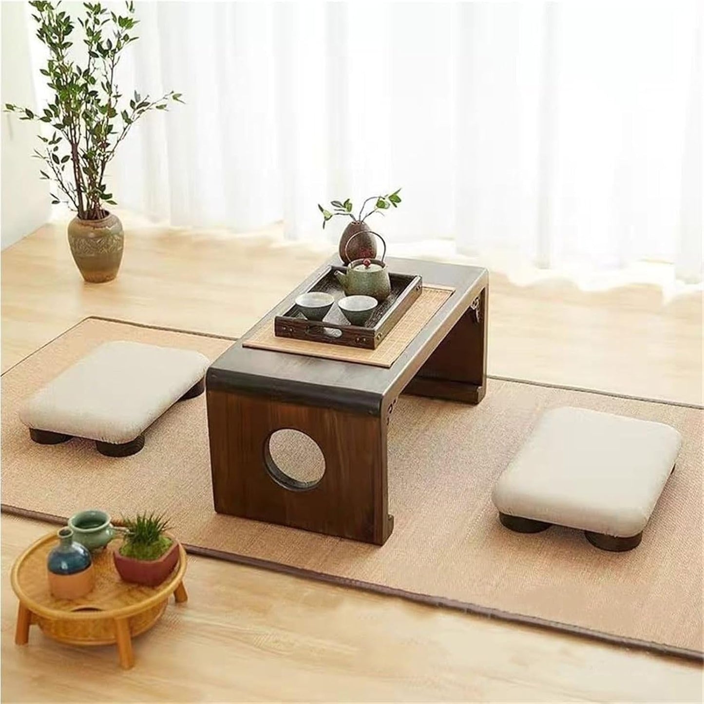 Meditation Floor Cushion with Wooden Legs,Portable Seating Pillow for Yoga, Tea Ceremony,and Living Room, Soft Linen Fabric, Low Profile Floor Seat for Adults(18 * 13.7 * 3.1inch, A)