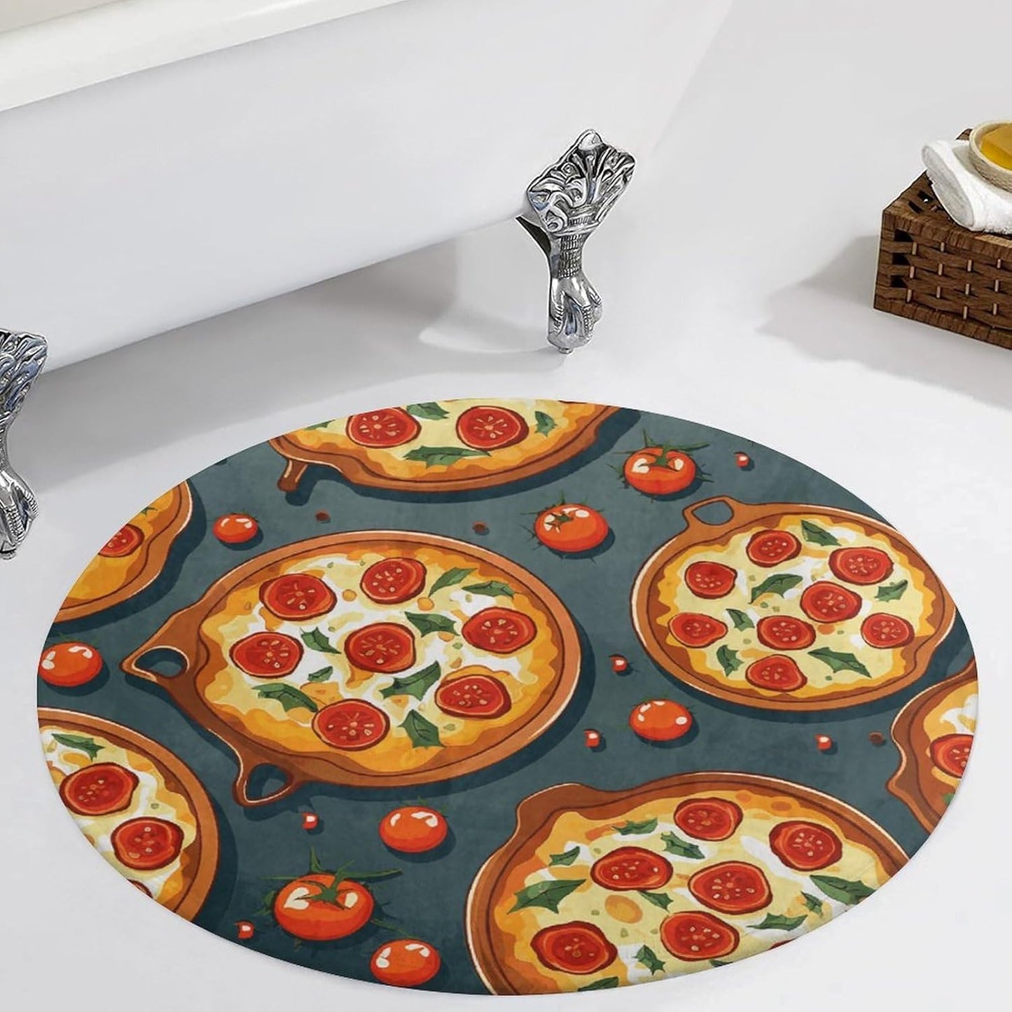 Pizza Food Circle Rug Retro Luxury Coral Velvet Floor Mat Non Slip Soft Indoor Floor Carpet Comfy Thickened Area Rugs Modern Aesthetic Minimalist Carpets for Home Decor