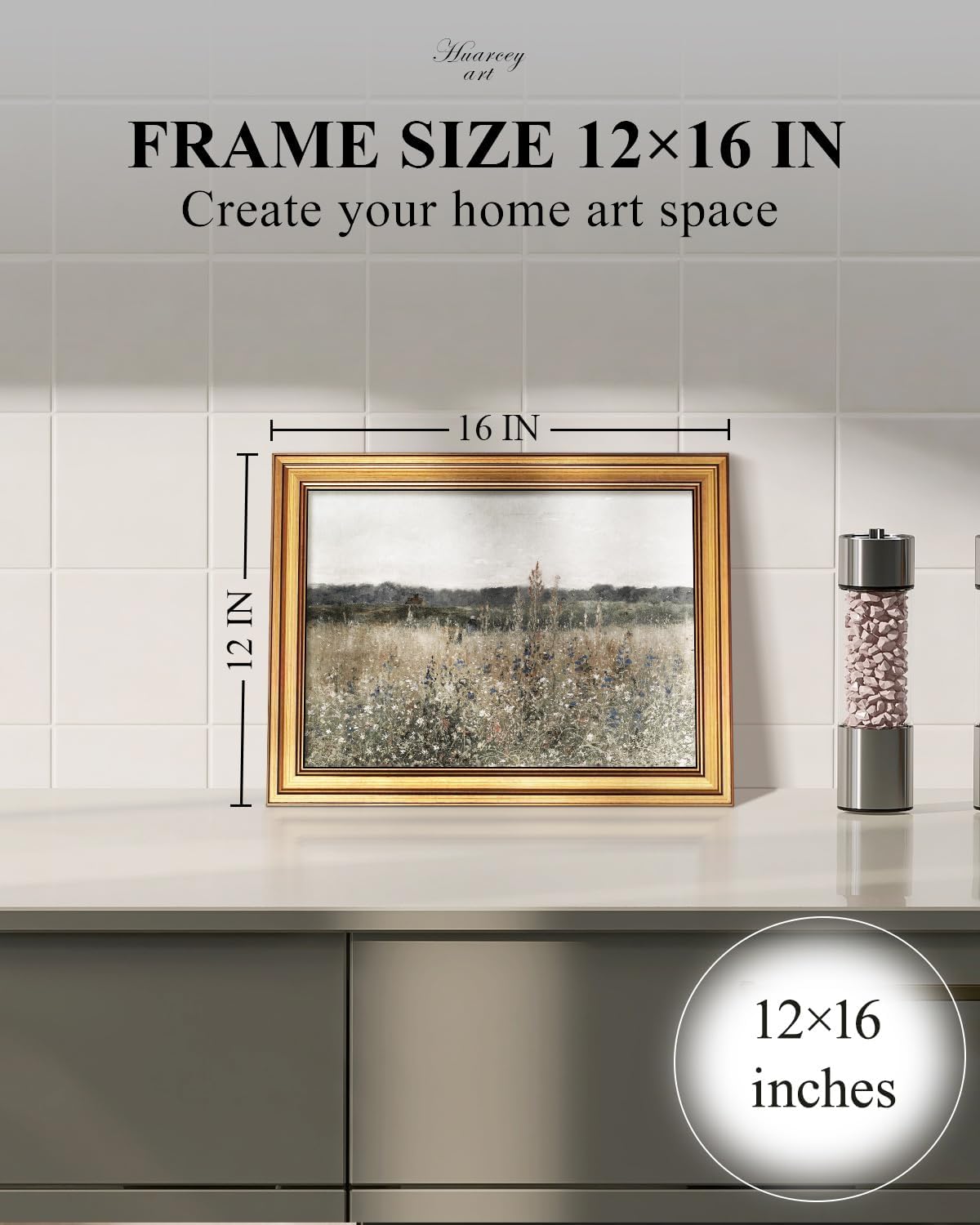 HUARCEY Gold Framed Canvas Wall Art Prints, Living Room Vintage Art Aesthetic, Wildflower Field Floral Landscape Paintings Farmhouse Decor, Retro Decoration for Bedroom Bathroom, 12x16Inch