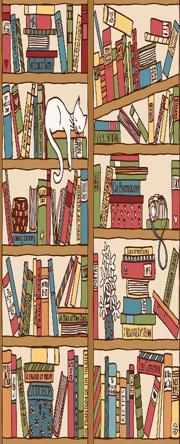 3D Door Stickers for Interior Doors Hand Drawn Bookshelf with Sleeping Cat Vinyl Waterproof Self Adhesive Door Mural Decals for Bedroom Office Bathroom 77 x 200 cm