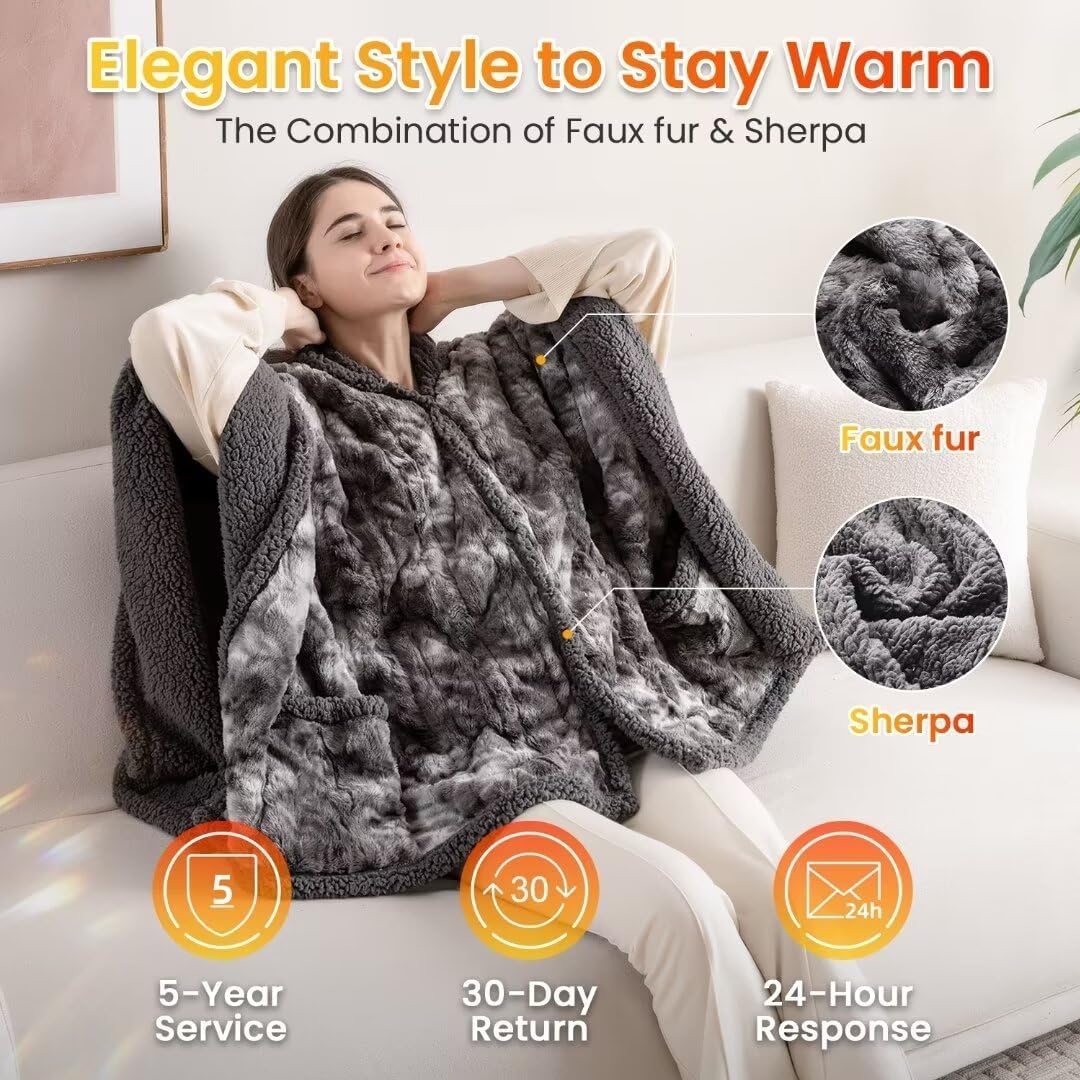 WOOMER Wearable Heated Electric Blanket 50”×60“, Soft Faux Fur & Cozy Sherpa Heated Wrap Poncho with Hood and Pocket, 4 Heat Levels & 4H Auto Off, Gifts for Parents and Friends