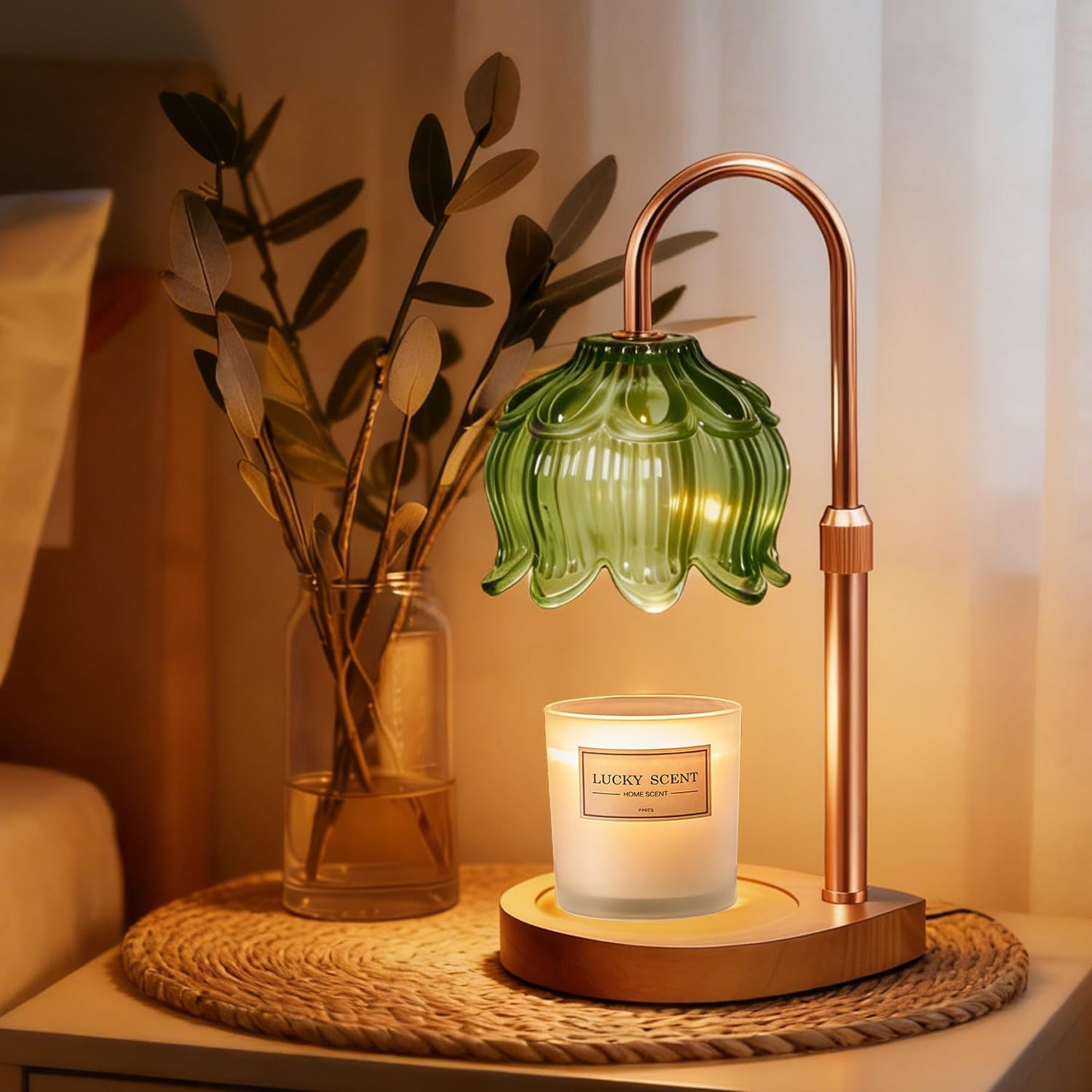 Candle Warmer Lamp - Dimmable Candle Lamp with Timer, Flower Wax Warmer Lamp for Jar Candles, Adjustable Height Wax Melter for Valentine's Day Gift Home Decor, Farmhouse (Green)