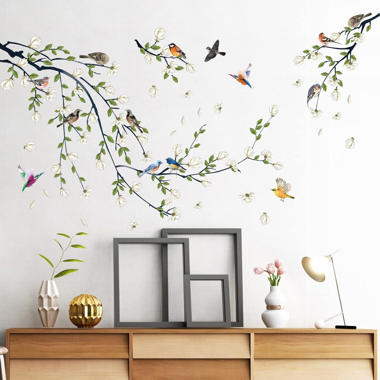 Green Vine Wall Decal White Flowers and Birds on Branch Natural View Wall Sticker DIY Detachable Peel and Stick Wall Art Mural for Living Room Bedroom offcie Home Decor