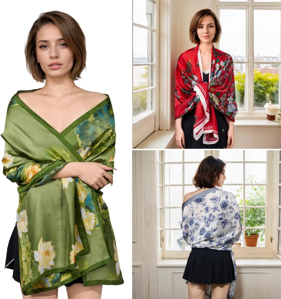 Silk Feeling Scarf for women Lightweight Long Floral Scarves Shawl Wraps Elegant Evening Dresses Satin Shawls Scarfs