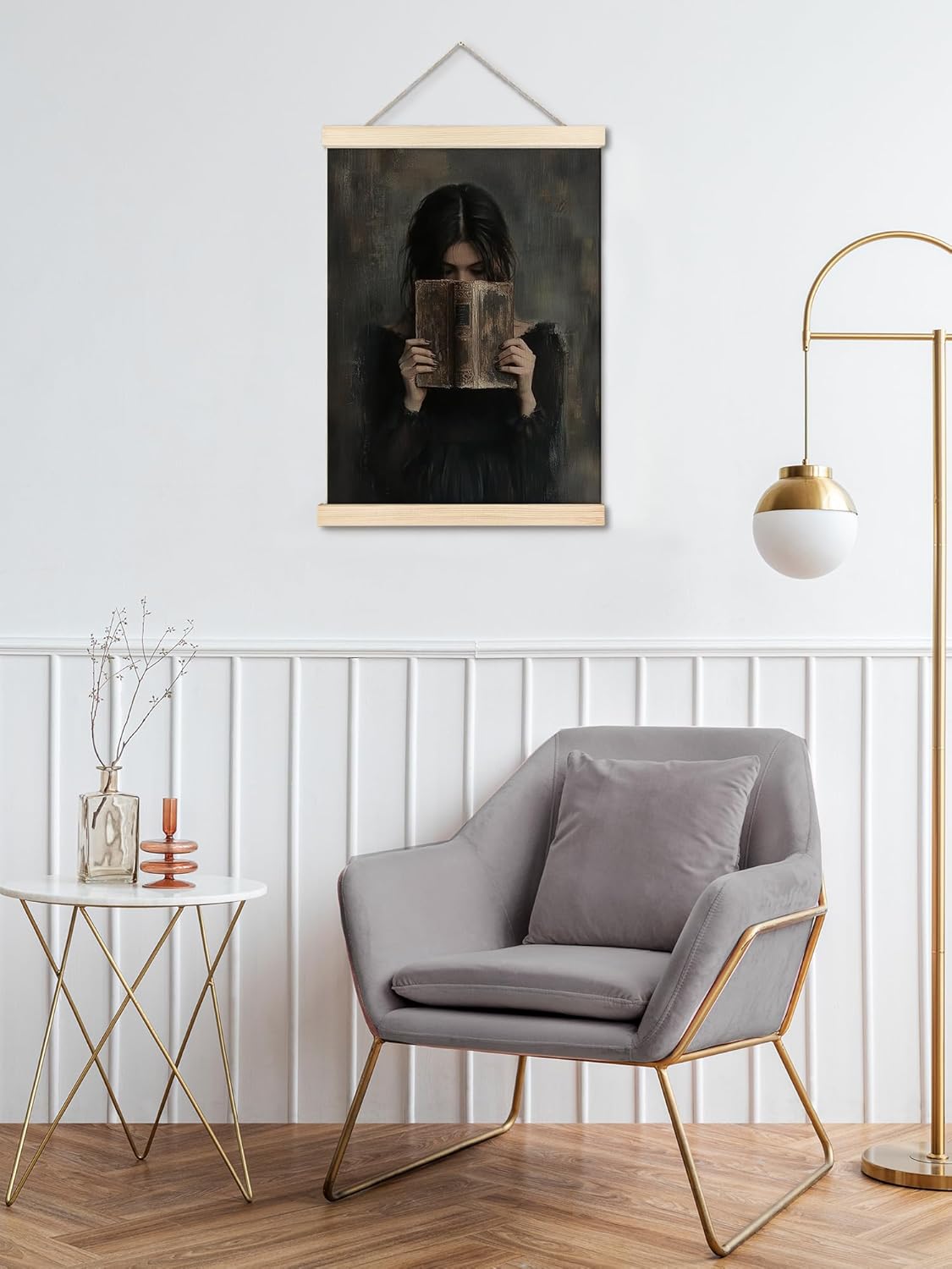 Vintage Book Girl Pattern Hanging Canvas Wall Art with Wooden Framed - Gothic Moody Dark Academia Print Library Hanging Posters, Goth Victorian Dark Cottagecore Wall Decor for Study Dorm Book Nook