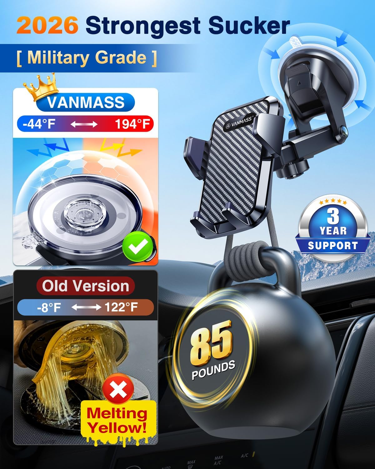 VANMASS【85+LBS Strongest Suction & Military-Grade 2026 Ultimate Car Phone Mount【Patent & Safety Certs】 Cell Phone Holder Truck for Dash Windshield Vent for iPhone 17 Pro Max Automobile Accessory Kits