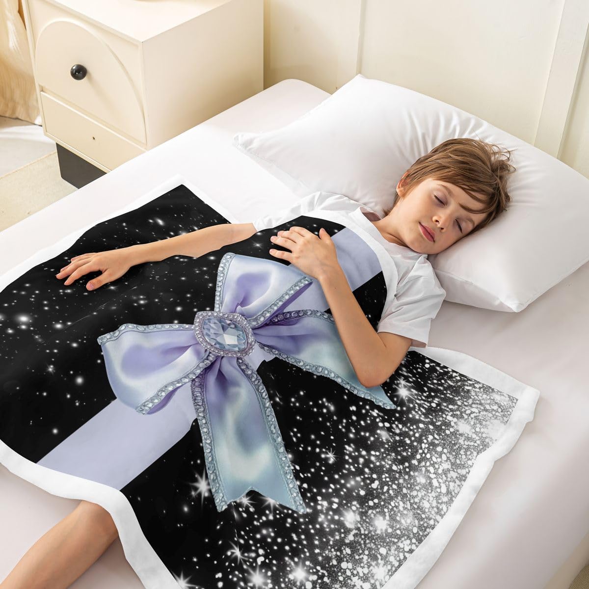 Feelyou Bow Sherpa Throw Blanket for Couch Black Blue Super Soft Cozy Fleece Glitter Blanket for Winter, Plush Throw Pastel Throw 50"x60" Bow Knot Accent All Season