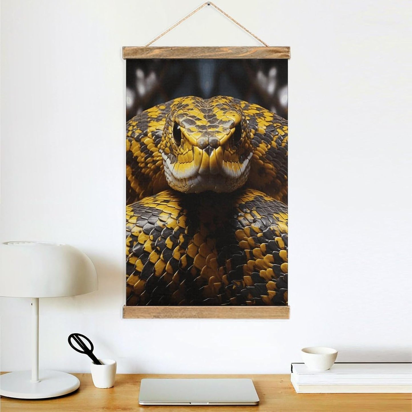 Vintage Yellow Snake Poster with Wooden Frame Personalized Linen Hanging Scroll Painting Rustic Wall Hanging Illustrative Modern Artwork Decor for Home Living Room Bedroom Office