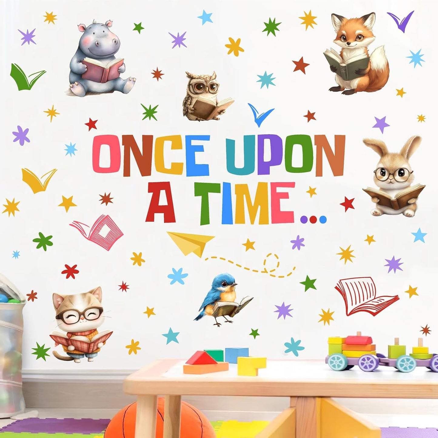 Reading Wall Decal Library Book Wall Stickers Story Read Book Animal Wall Decals Peel and Stick Reading Corner Wall Stickers for Nursery Kids Room Playroom Daycare Classroom School Decor
