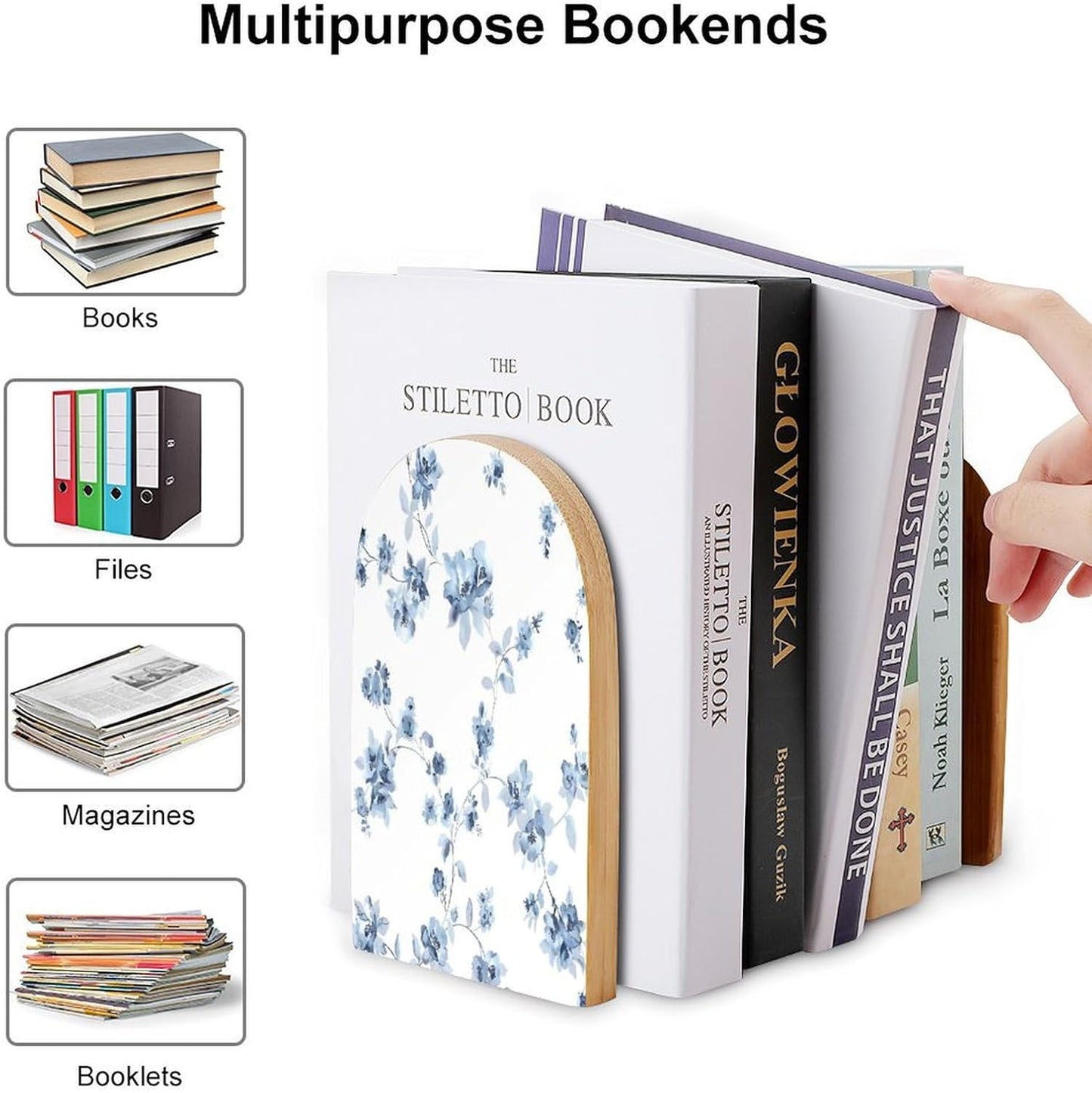Blue Flower Floral Pattern Roses Wooden Bookend Non-Slip Book Ends Heavy Duty Book Stopper with Metal Base Books Holderd Decorative Bookends Stands Firmly for Office Supplies