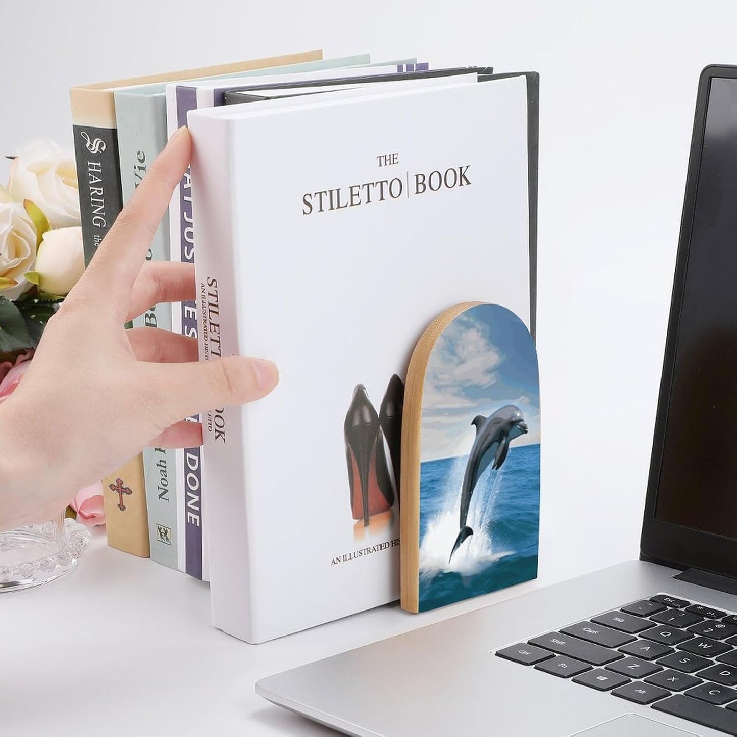 Jumping Up Dolphins Bookends 1 Pair Heavy Duty Book Ends for Shelves Non-Skid Bookend Supports Wooden Book Holders with Metal Base Desk Organizers Books Storage to Hold Books