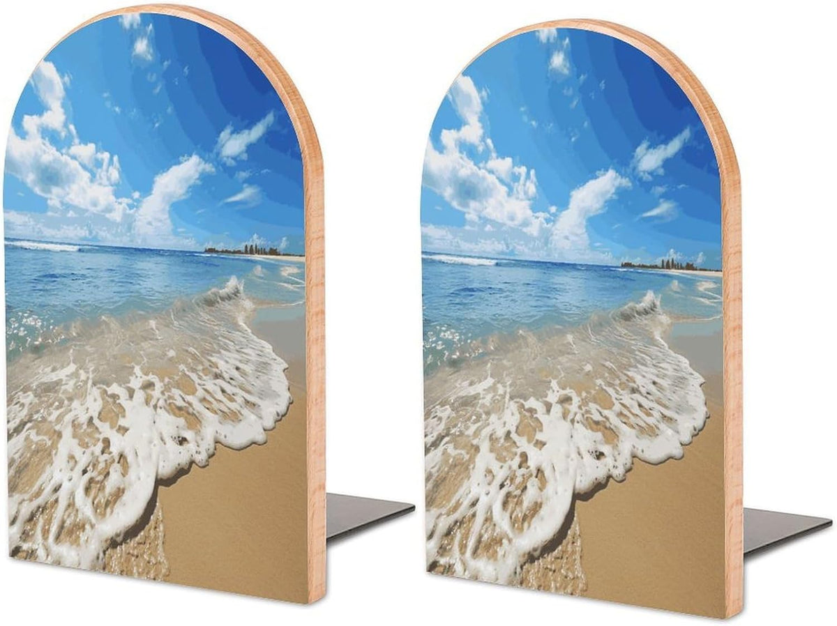 Sea and Beach Wooden Bookend Non-Slip Book Ends Heavy Duty Book Stopper with Metal Base Books Holderd Decorative Bookends Stands Firmly for Office Supplies