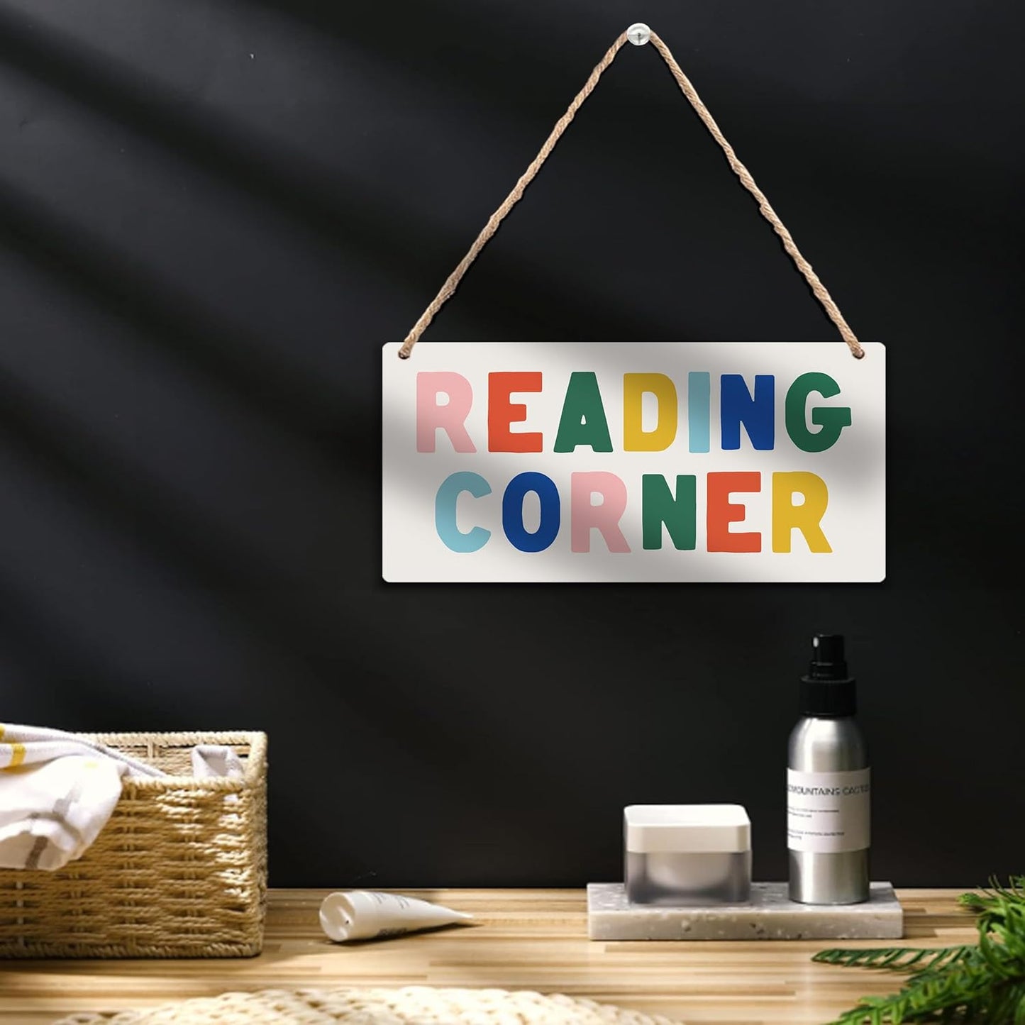 Reading Corner Wooden Sign - Boho Rainbow Reading Corner Wall Decor, Reading Room Hanging Plaque Sign for Library School Classroom Toddler Kids Room 12x6 Inches