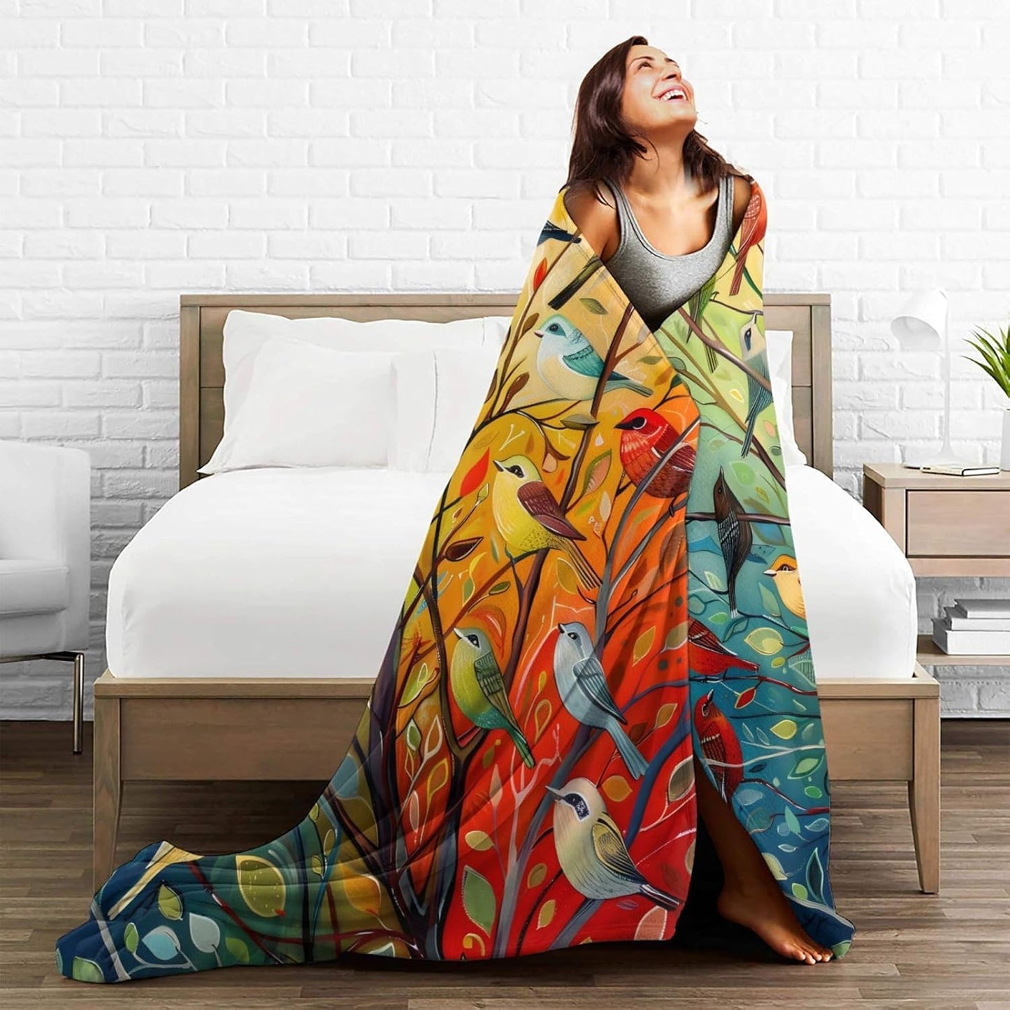 Colorful Bird Tree Blanket Bird Tree Decor Animal Throw Blanket Gifts for Girls Boys Super Warm Soft Plush Lightweight Fleece Flannel Winter Bedding Blankets for Kids Adult Women Men 50"X40"