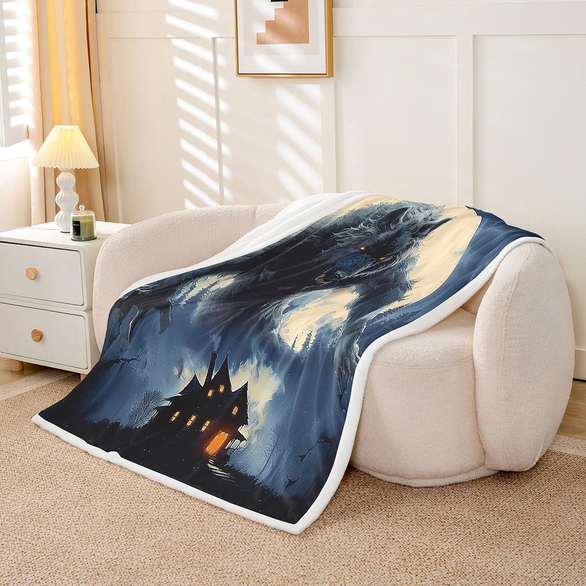 Howling Wolf Throw Blanket,Gothic Castle Blankets Kids Boys Teens Men Room Decor,Western Moon Night Werewolf Theme Fleece Blanket Horror Wild Animals Sherpa Blanket,for Chair/Sofa,50"×60"