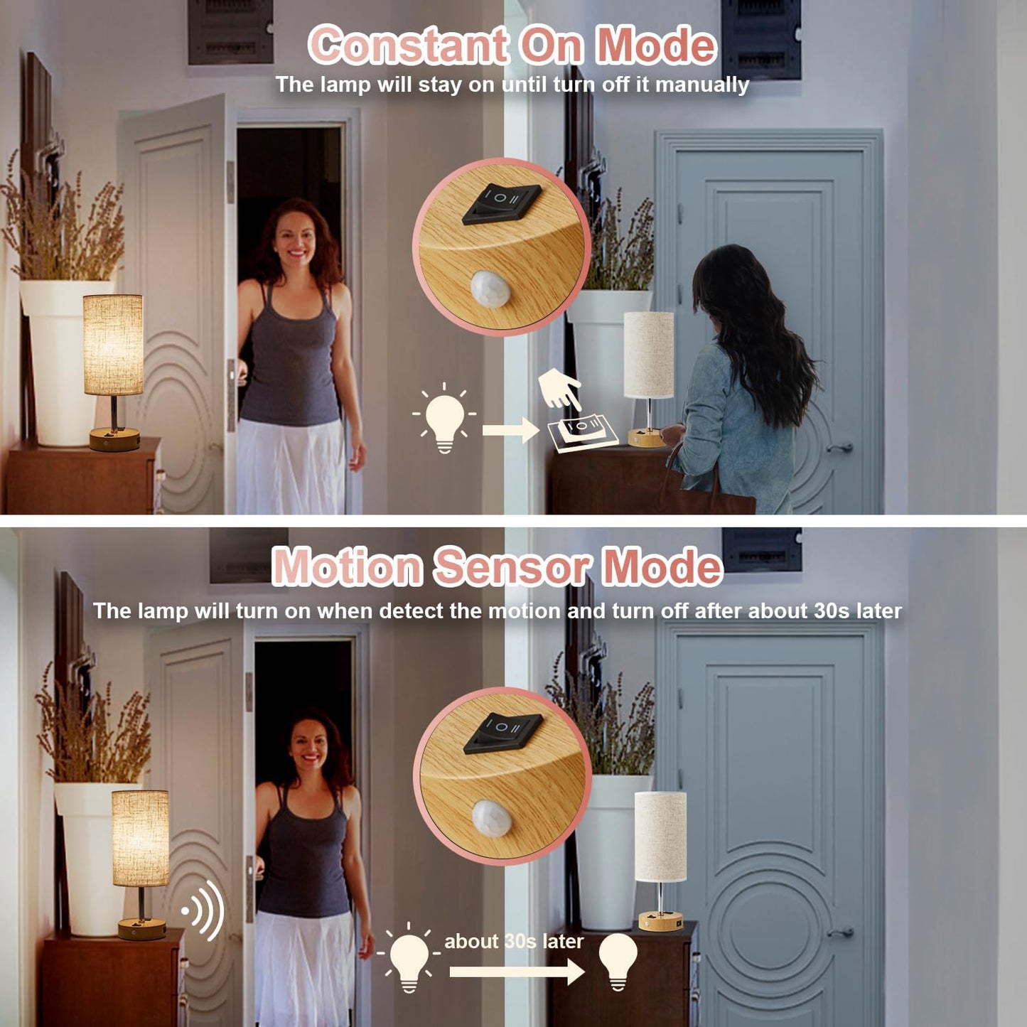 Table Lamp with Motion Sensor or Constant on Mode, USB Lamp Include One LED Bulb, Built in 1 USB Port & 1AC Outlet, Bedside Lamp Idea for Bedroom, Hallway, Bath Room