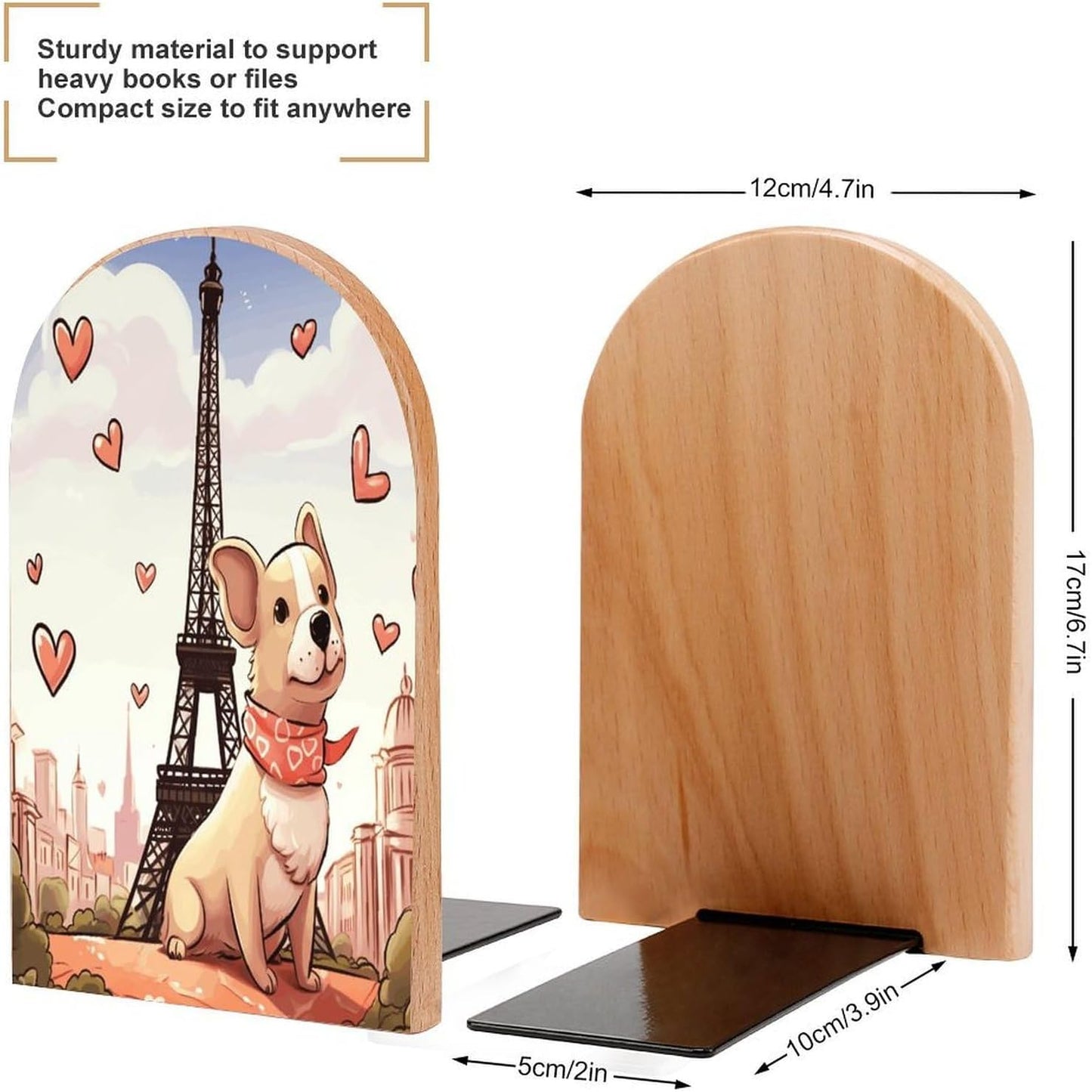 Dog and Eiffel Tower Bookend for Shelves Wooden Book End Large Size Sturdy Book Holders Stoppers with Metal Base for Bookshelves Slick Decorative Bookends Stands