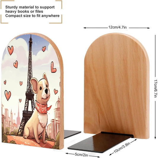 Dog and Eiffel Tower Bookend for Shelves Wooden Book End Large Size Sturdy Book Holders Stoppers with Metal Base for Bookshelves Slick Decorative Bookends Stands