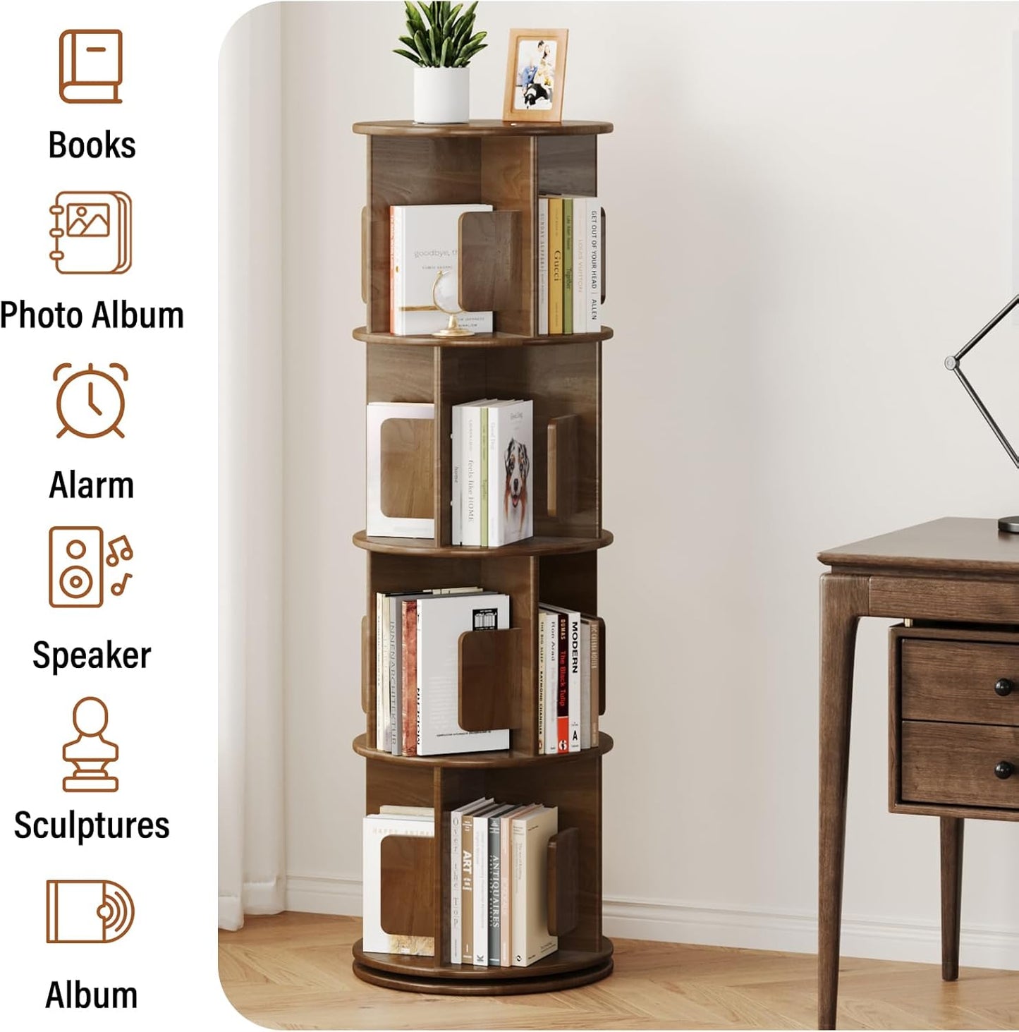 Wooden Rotating Bookshelf 4 Tier, Round Revolving Bookcase, 360° Spinning Book Shelf Tower Kids, Narrow Bookshelves Lazy Susan Organizer for Small Space, Corner, Bedroom, Living Room, Office, Walnut