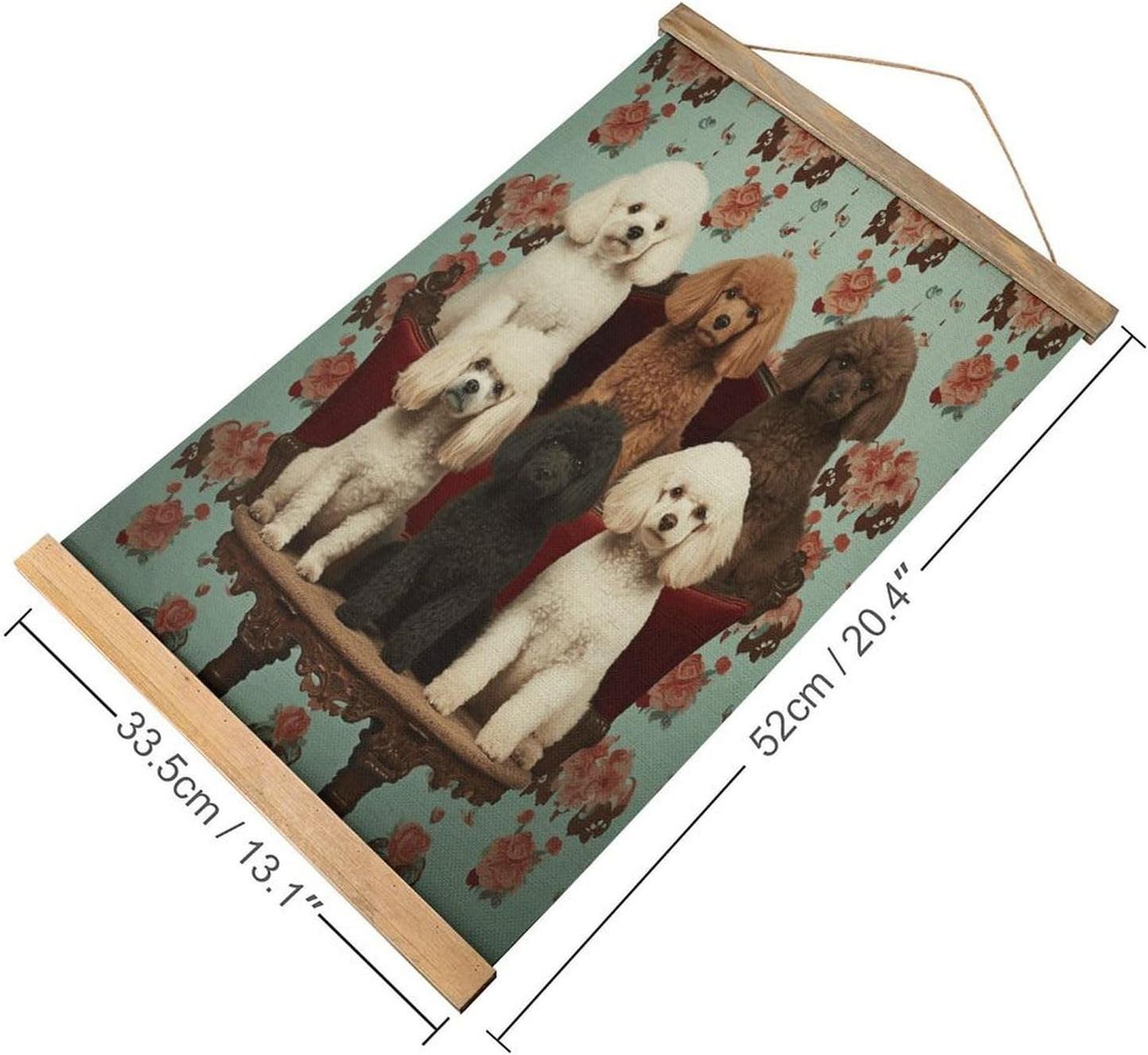 Vintage Poodles Dogs Poster with Wooden Frame Personalized Linen Hanging Scroll Painting Rustic Wall Hanging Illustrative Modern Artwork Decor for Home Living Room Bedroom Office