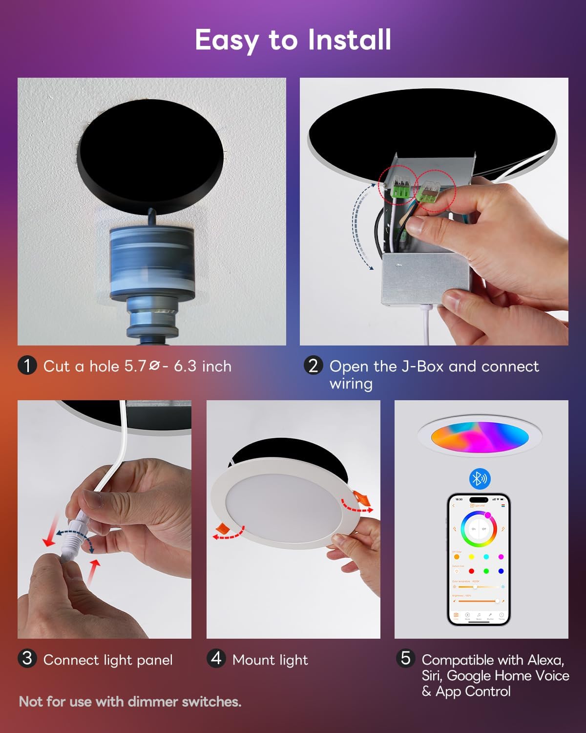 Smart Recessed Lighting 6 Inch, RGBCW Color Changing Canless Recessed Ceiling Lights, Dimmable Retrofit Downlight Compatible with Alexa, Siri, Google Voice & App Control with Junction Box, 1Pack