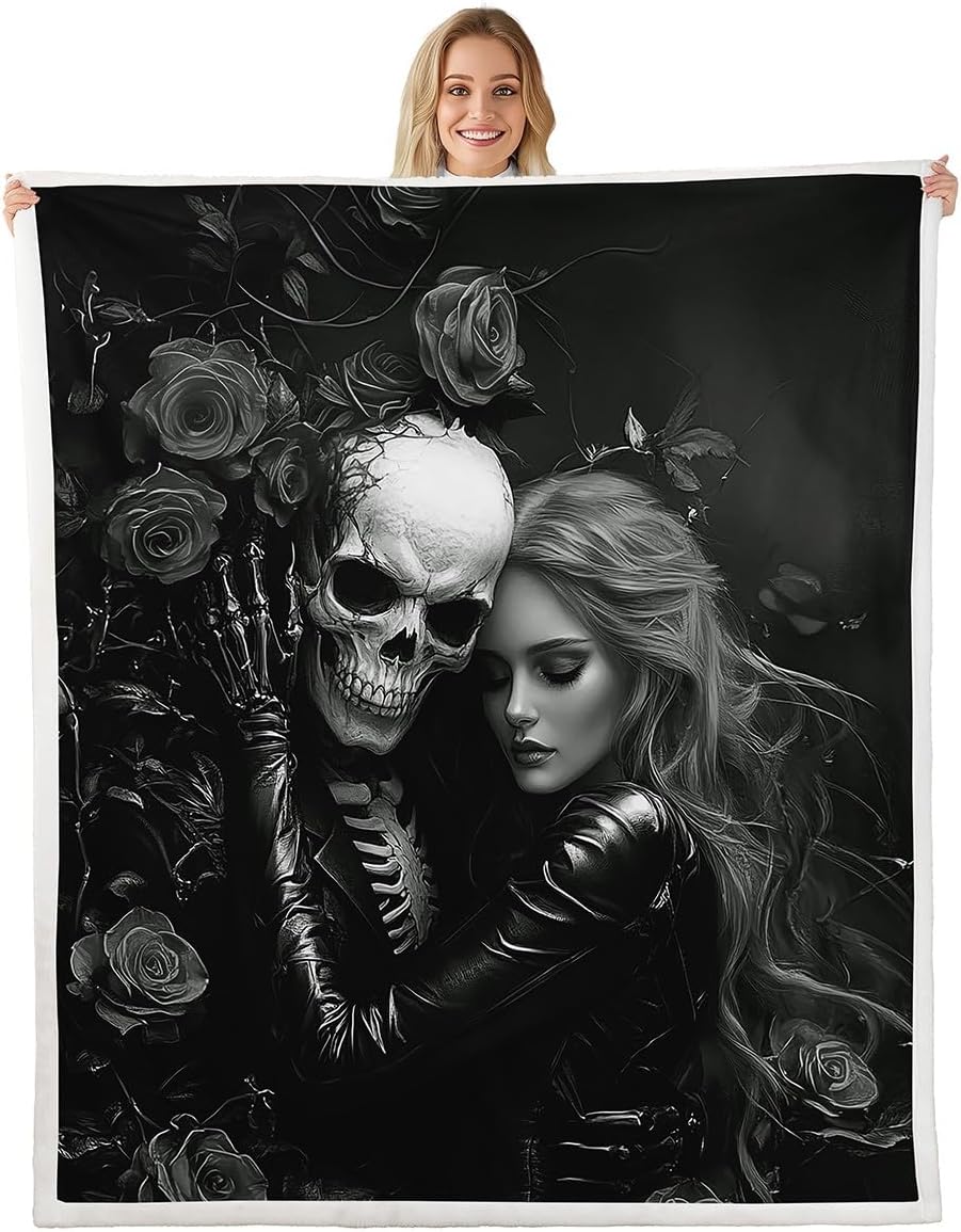 Erosebridal Black Valentines Day Blanket,3D Girl Sugar Kiss Skull Throw Blanket Queen,Gothic Rose Floral Fleece Blanket,Skull and Love Sherpa Blanket Valentine's Day Gift Decor