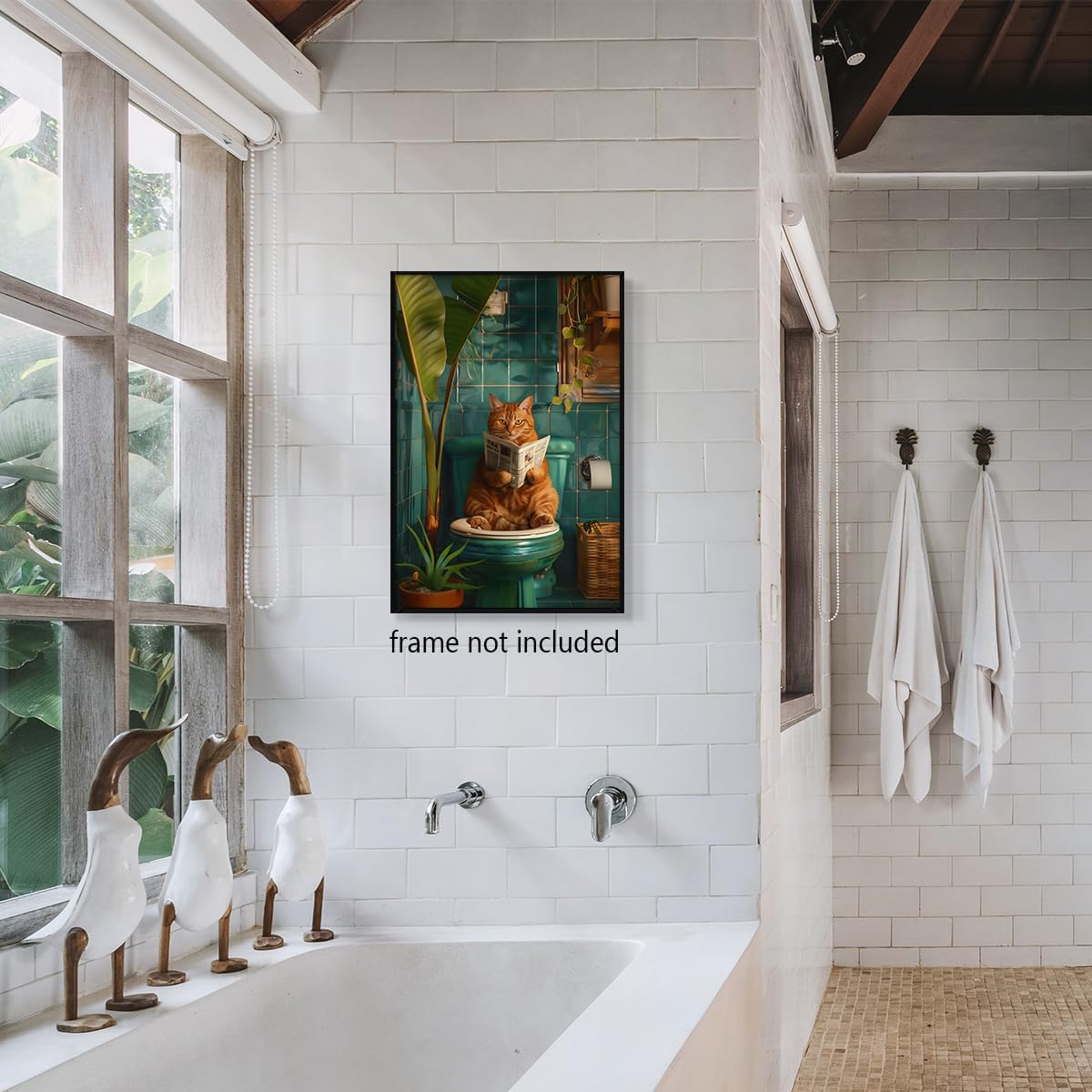 Funny Cat Reading Newspaper on Toilet Canvas Wall Art - Cute Pooping Bathroom Poster Print - Animal Decor 12x16in Unframed